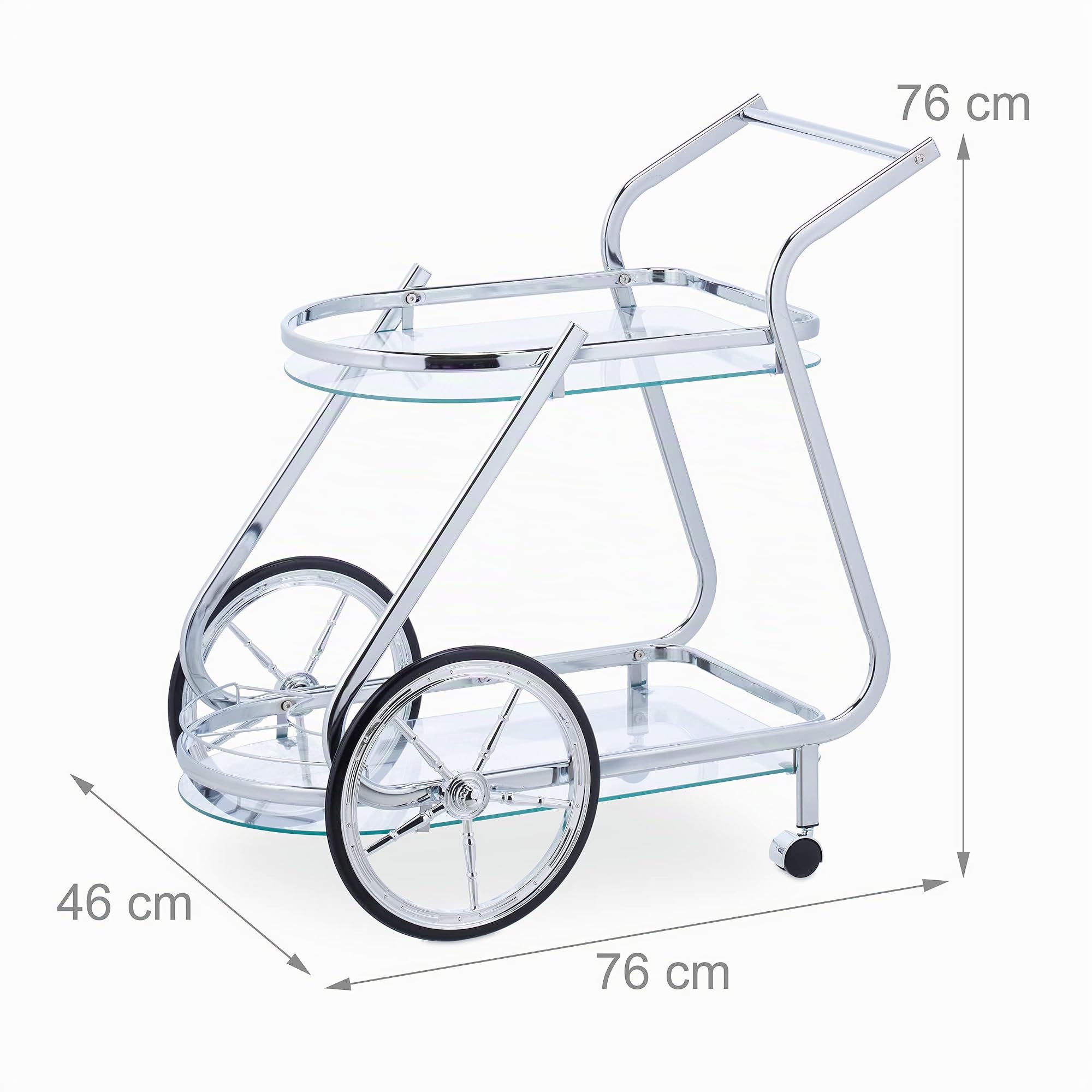 Relaxdays Chariot, roulettes et Roues, 2 étages, Verre et Fer chromé, HLP : 76x76x46 cm, desserte, Transparent-argenté