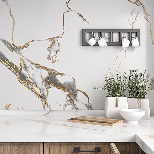 Miniatura 9 de VEELIKE Papel de contacto de mármol de oro blanco de 15.7 x 118 pulgadas para encimeras, impermeable, despegar y pegar, papel tapiz de mármol mate,