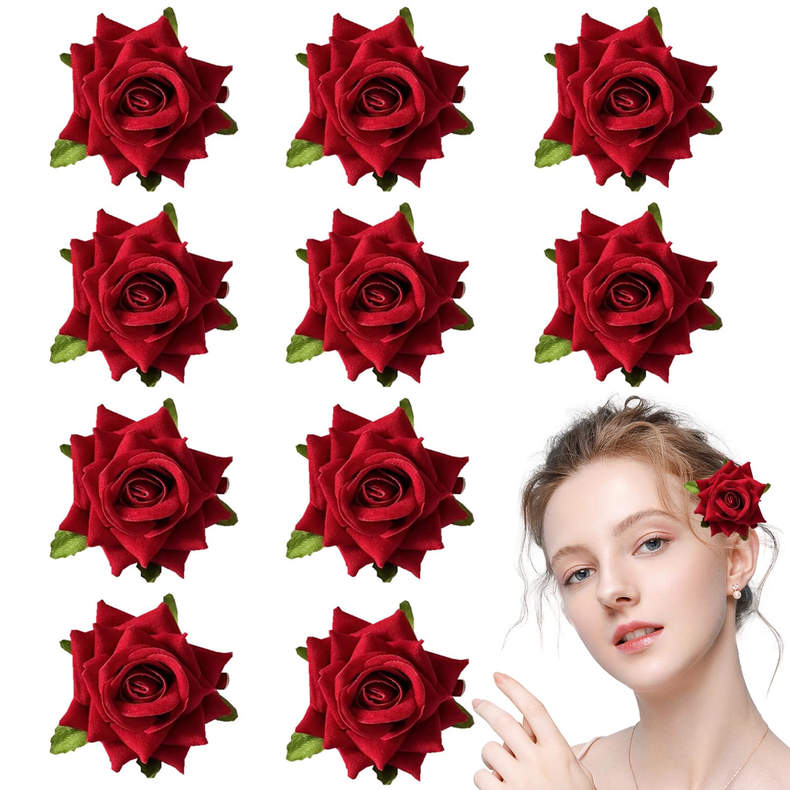 FILOEEX 10Pcs Rose Flower Hair Clip,2.8in Red Flower Hair Clips,Rose Brooch Floral Clips,Red Roses Hairpin,Flowers Hair Accessories for Women Girls Prom Party Beach Wedding Bridesmaid