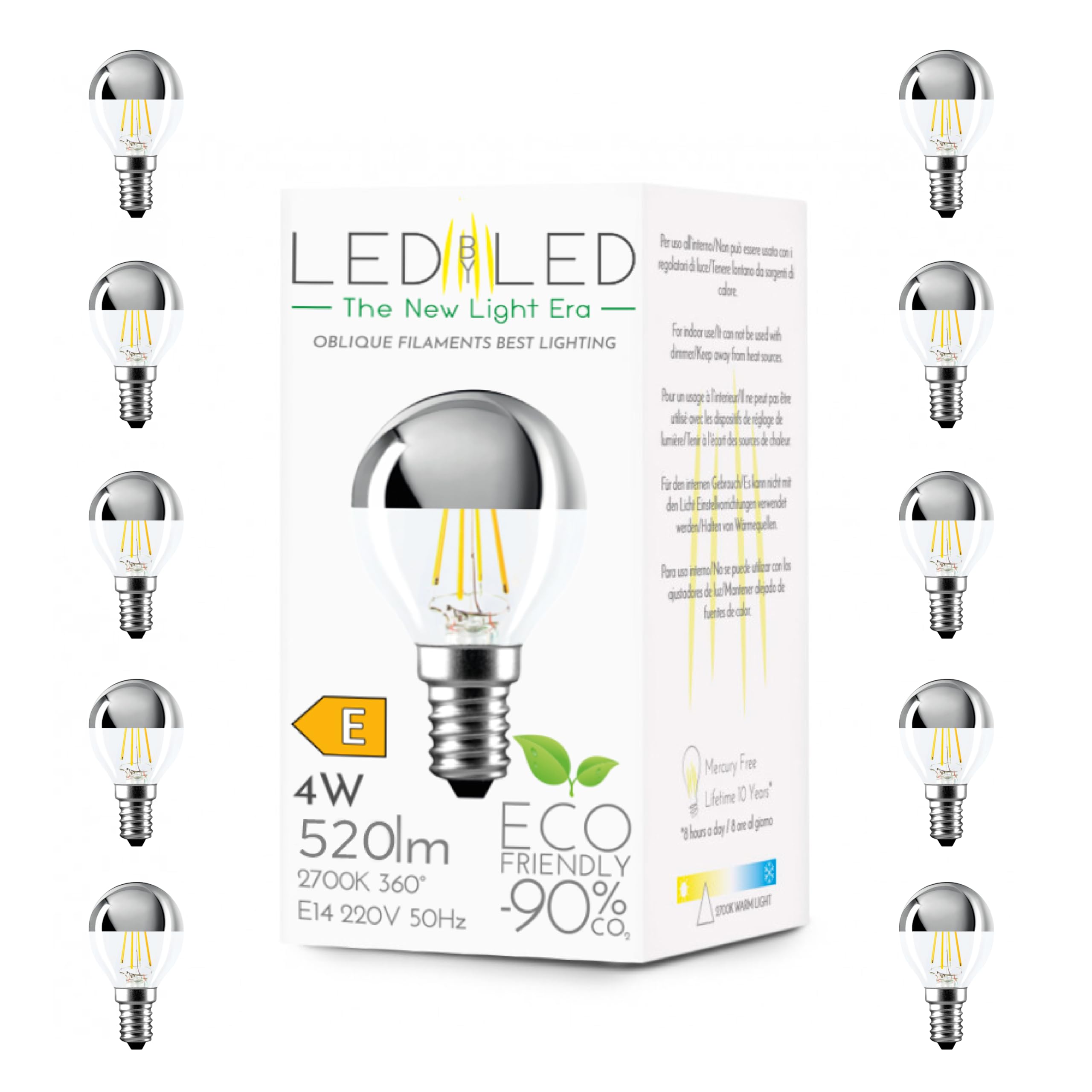 Ampoule goutte miroir 4W équivalente à 40W, E14, verre miroir transparent argenté, 2700K lumière chaude, filament LED droit, 780 lumens, lot de 10 pièces