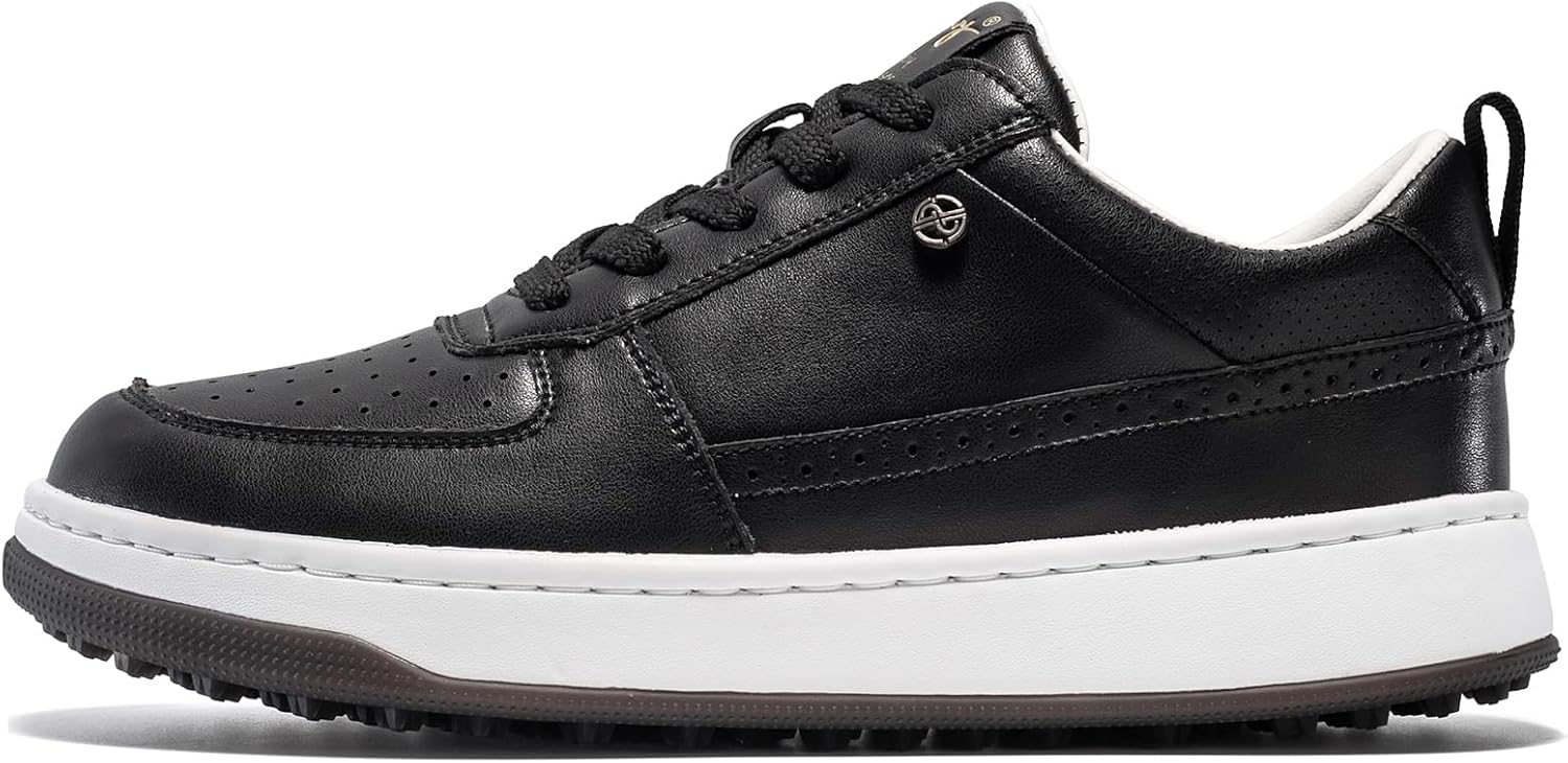 UOFEIY Men's Golf Shoes Spikeless, Water-Resistant Leather Upper, Comfortable Walking Cushion, Rubber Traction Outsole, Breathable Perforated Design, Golf Sneakers