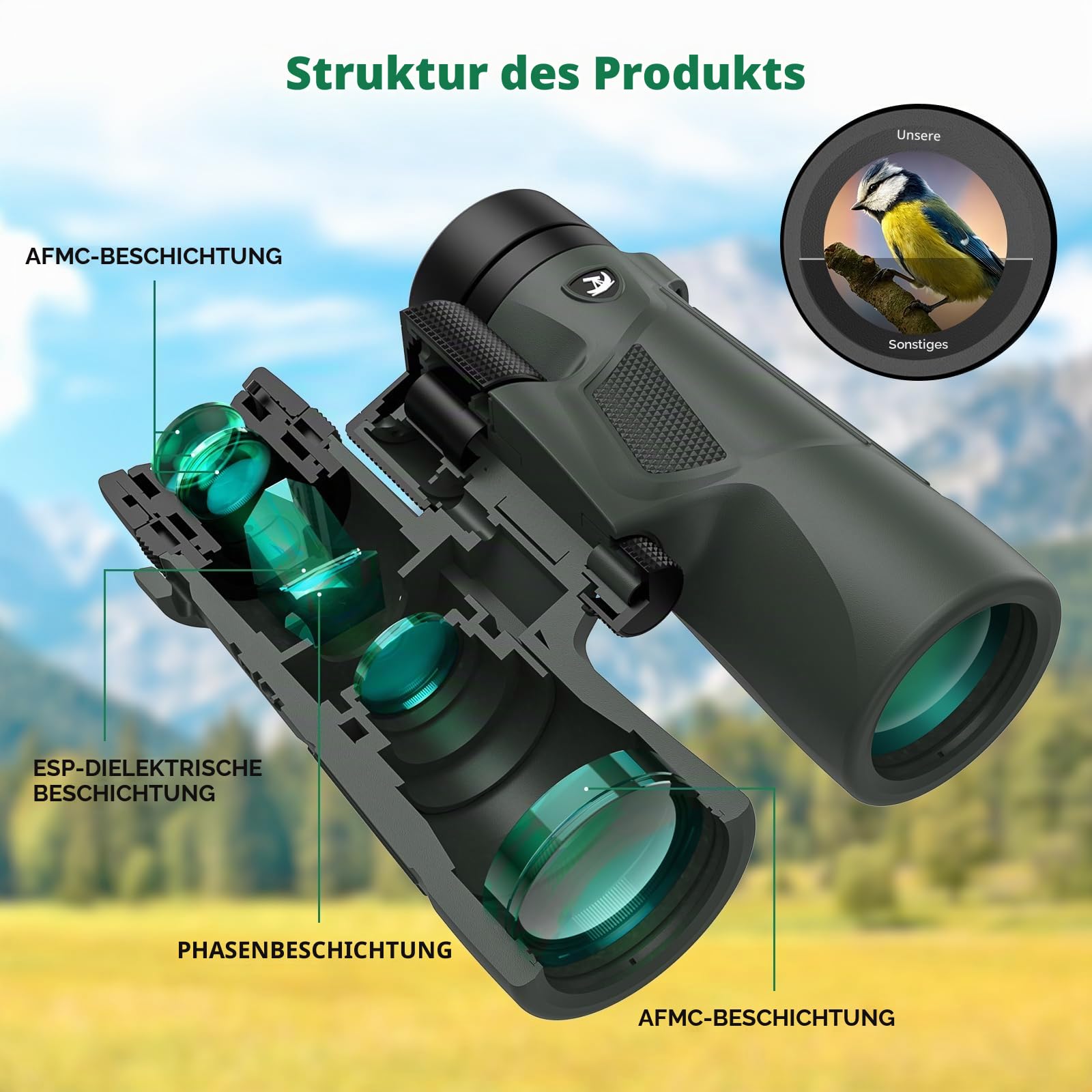 Gosky 10x42 HD-Fernglas für Erwachsene mit Telefonadapter, Wasserdichtes Fernglas mit BAK4-Prisma und FMC-Objektiv für Vogelbeobachtung, Jagd, Reisen, Outdoor-Sport