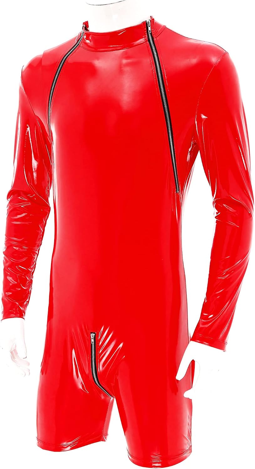 Hularka Mens Wet Look Patent Leather Slim Fit Jumpsuits Long Sleeve Zipper Leotard Clubwear