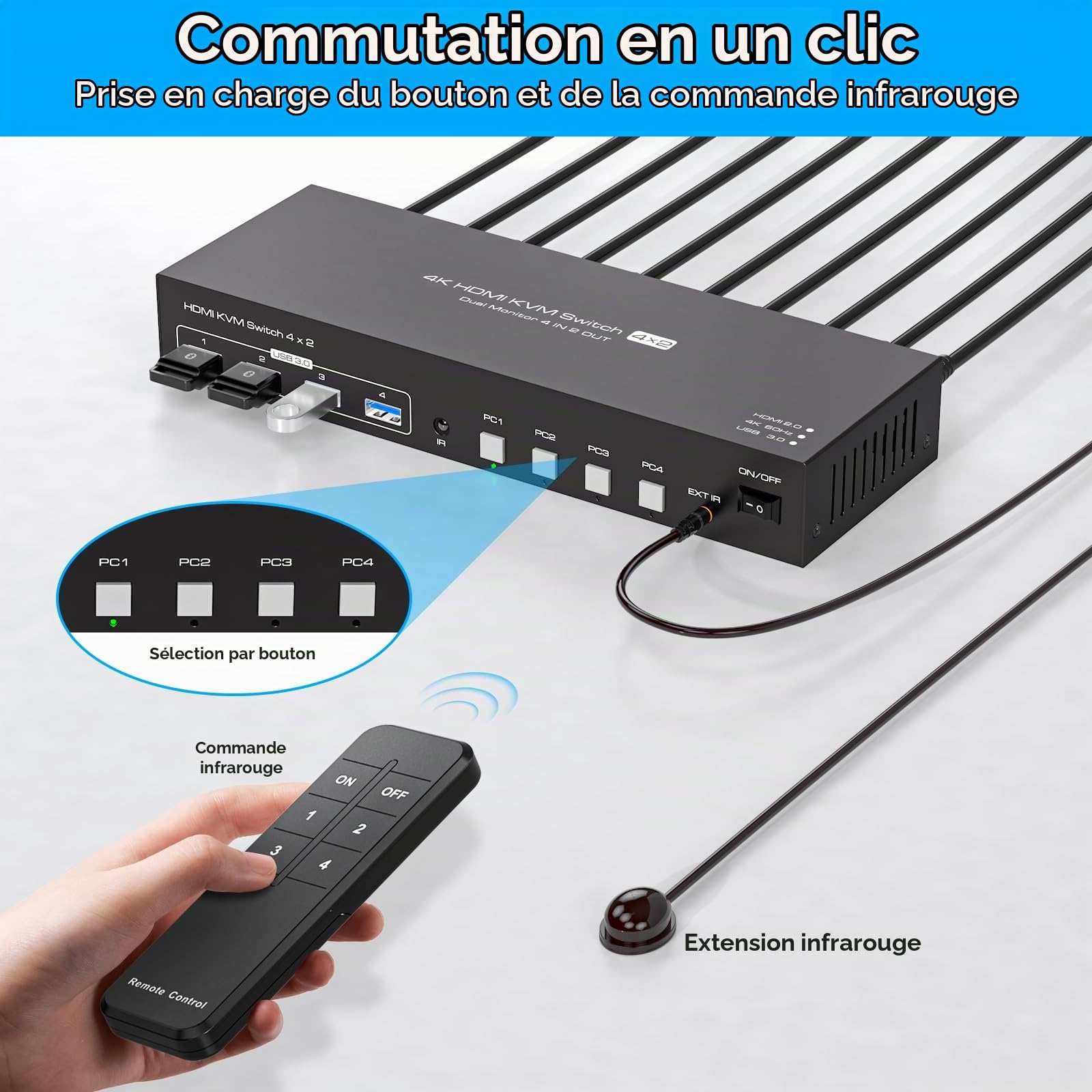 HDMI KVM Switch 4 PC 2 Monitor 4K60Hz Emulation Edid Commutateurs KVM 4 In 2 Out HDMI USB 3.0 Switch Pour 4 Ordinateurs 2 Moniteurs Et 4 Périphériques USB 3.0 Avec Télécommande IR
