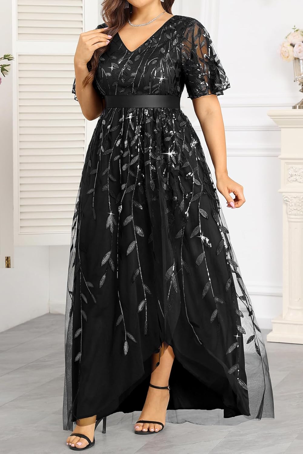 Pinup Fashion Plus Size Formal Dresses - Evening Gowns Sequin Embroidery V-Neck Prom Long Dress with Slit - Image 5