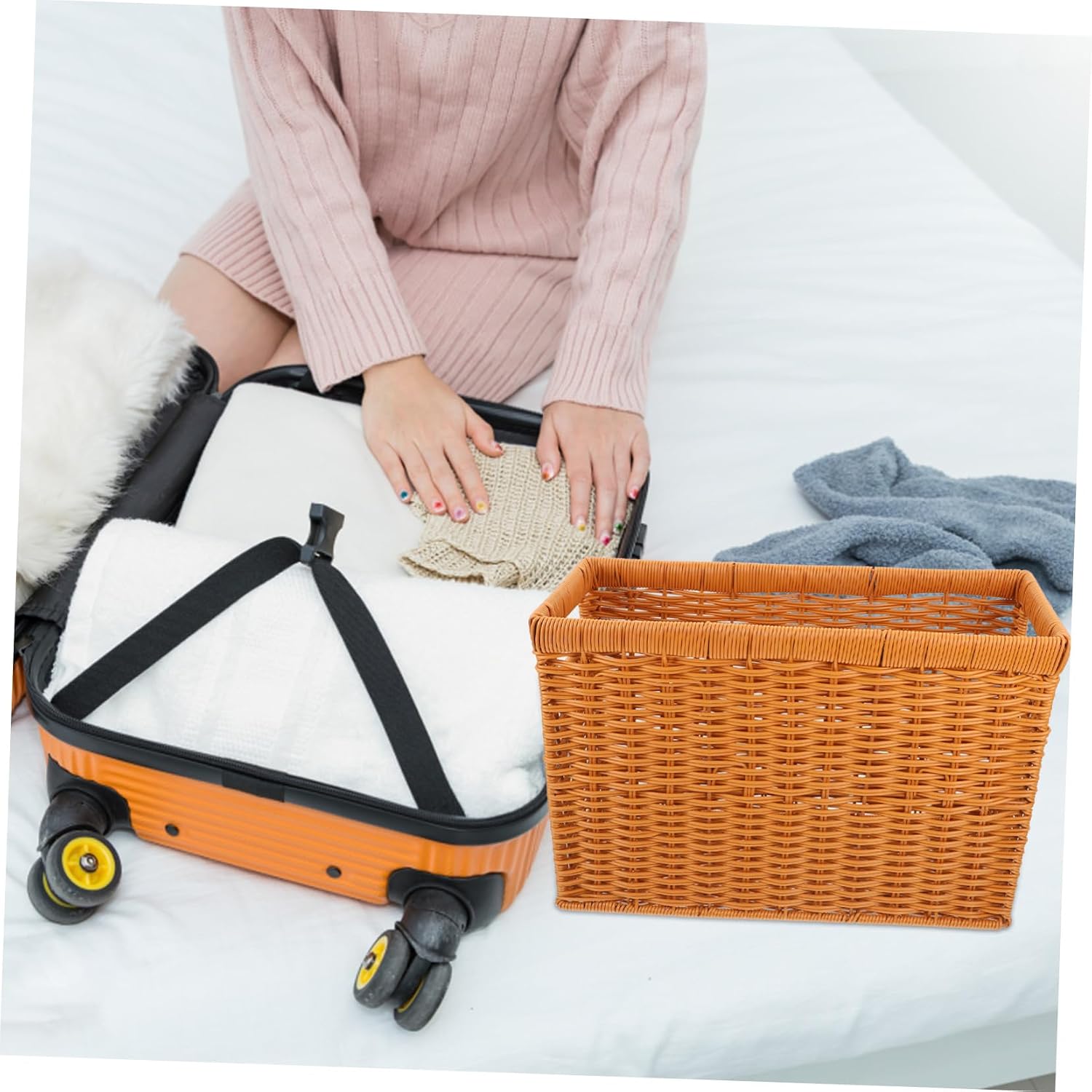 ABOOFAN Handwoven Imitation Rattan Storage Basket Elegant Japanese Design for Magazine and Book Organization and Multifunctional Woven Basket for Desk and Shelf