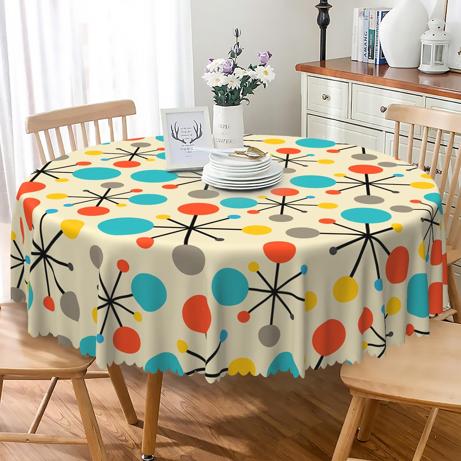 Mid Century Round Tablecloth 60 Inch Modern Atomic Retro Table Cloth Water Resistant Oil Proof Fabric Table Cover for Dining Room Kitchen Patio Home Decors Indoor and Outdoor Party Use