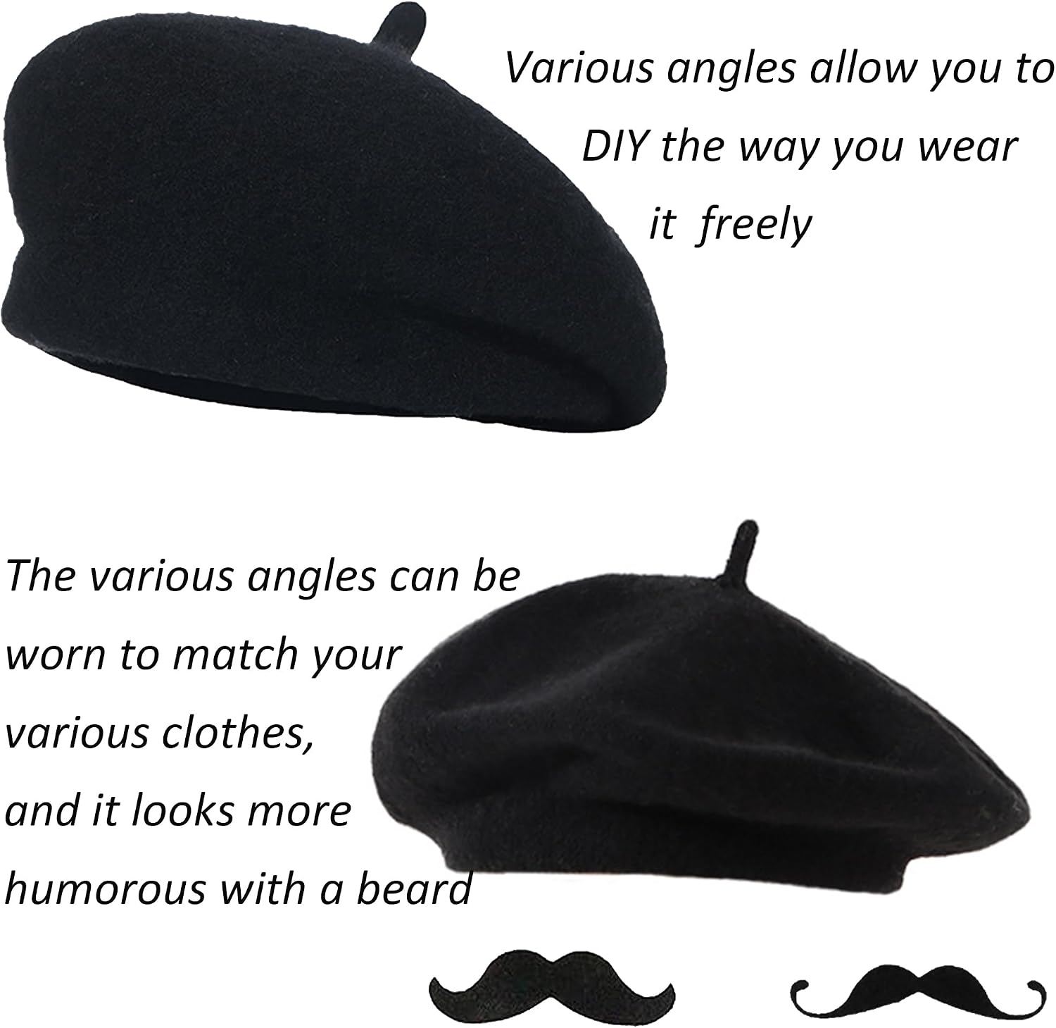 UTOWO Women French Beret Men Classic Stretchable Solid Beanie with Fake Mustache for Halloween-Mime Cosplay Accessory