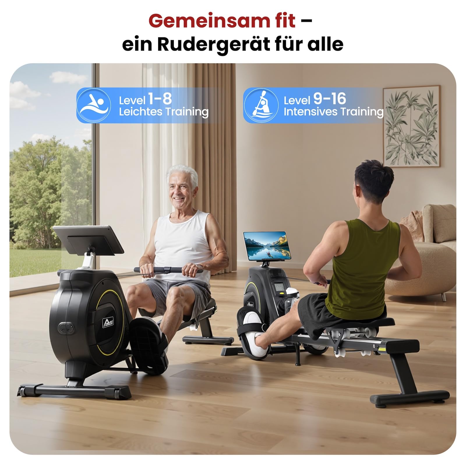 AsVIVA RA11 wioślarz domowy, 16 poziomów oporu, aplikacja Bluetooth, nachylenie szyny, do 135 kg