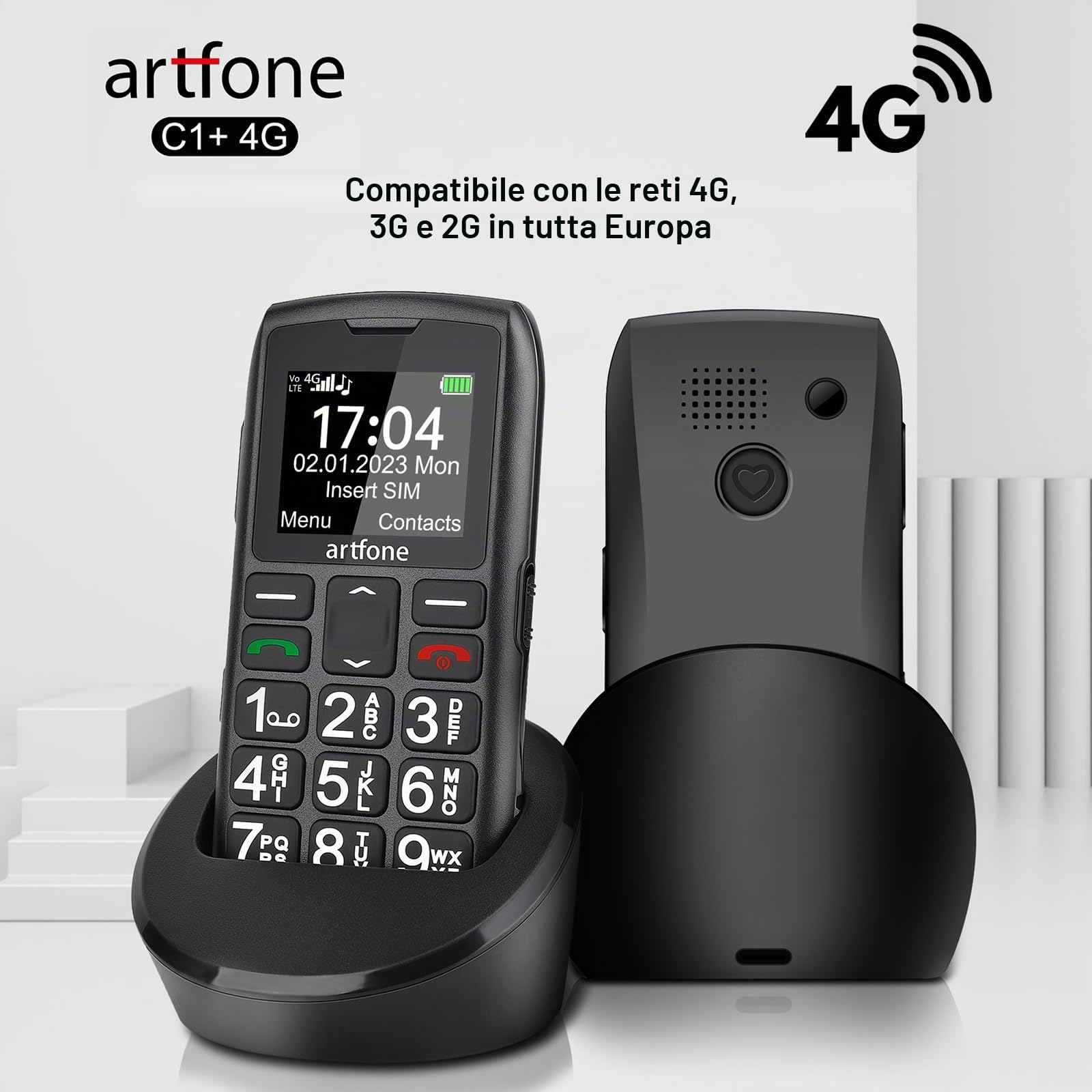 artfone C1+ 4G Telefono Cellulare per anziani | Tasto SOS, base di ricarica, altoparlante, chiamata rapida, Bluetooth, USB-C | Telefono robusto con annuncio dell’ora | Menù italiano | Grandi tasti