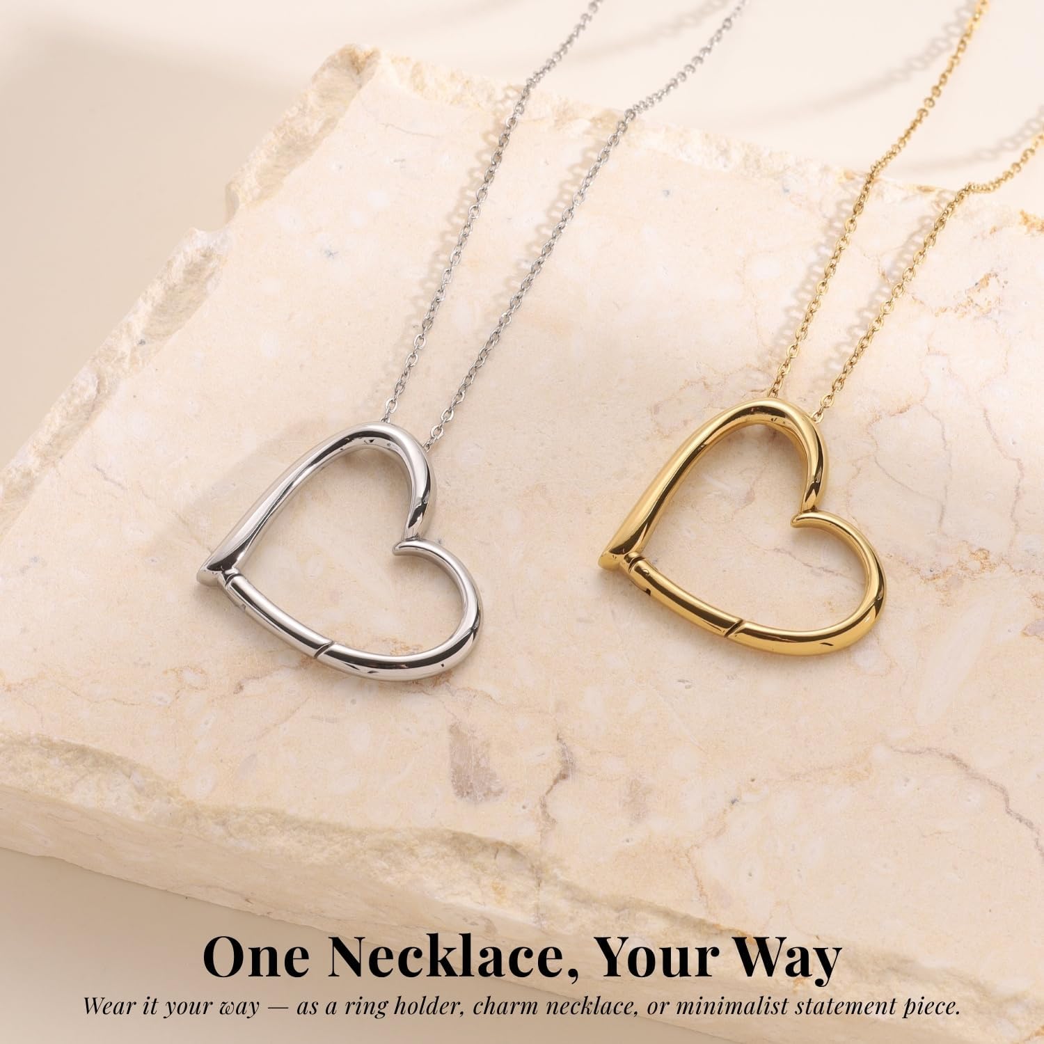 SAMYA Stainless Steel Heart-Shaped Ring Holder Necklace for Women, 1.18“ Heart Ring Keeper Pendant Necklaces