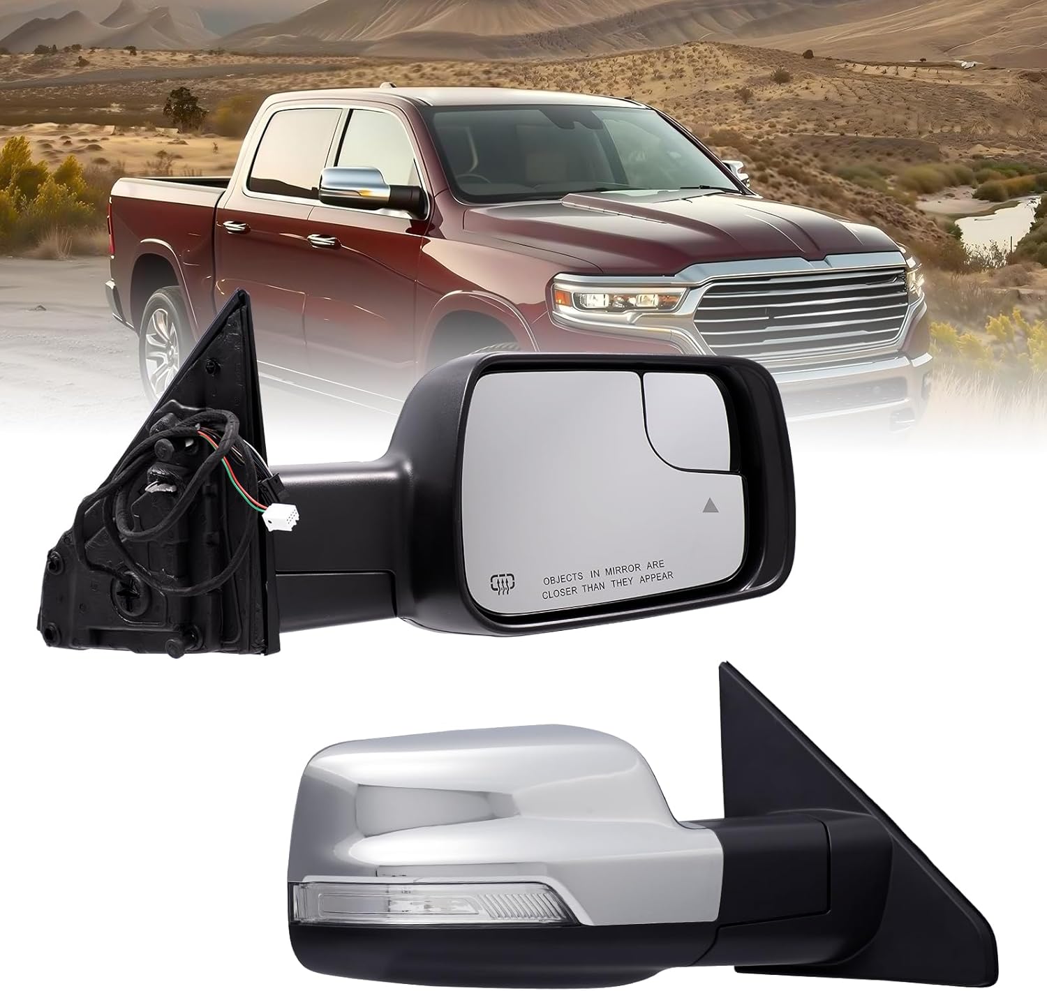 Side Mirror Fits For Ram 1500, Compatible With Ram 1500 Driver Side Mirror Replacement,Compatible With Ram 1500 Passenger Side Mirror Replacement (19-25(9+2pins) Chrome, Right)