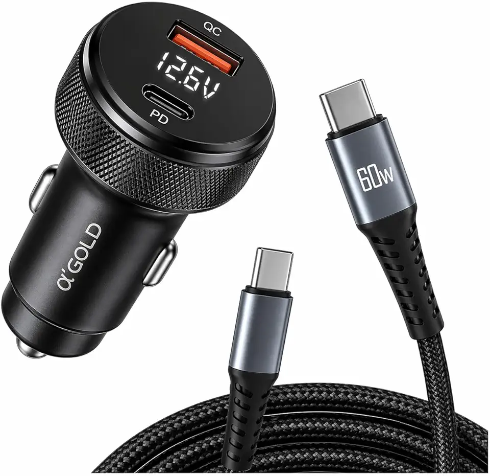 Carregador Veicular Super Turbo 60W – 2 USB-C Power Delivery + USB-A Quick Charge com Cabo Incluso para iOS e Android