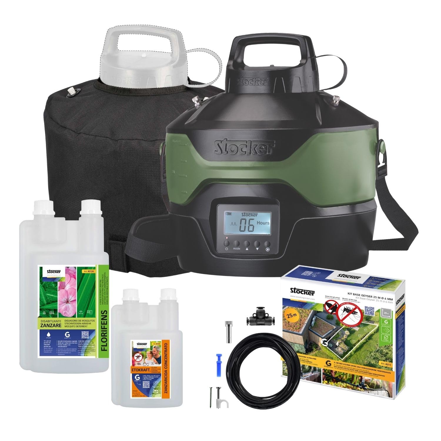 STOCKER – Kit Nebulizzatore Geyser 4L con Timer e Pompa Automatica, Batteria 12V, Copertura di 40 m² estendibile, Sistema Antizanzare con 250 ml Zanzaricida e 1 L Disabituante