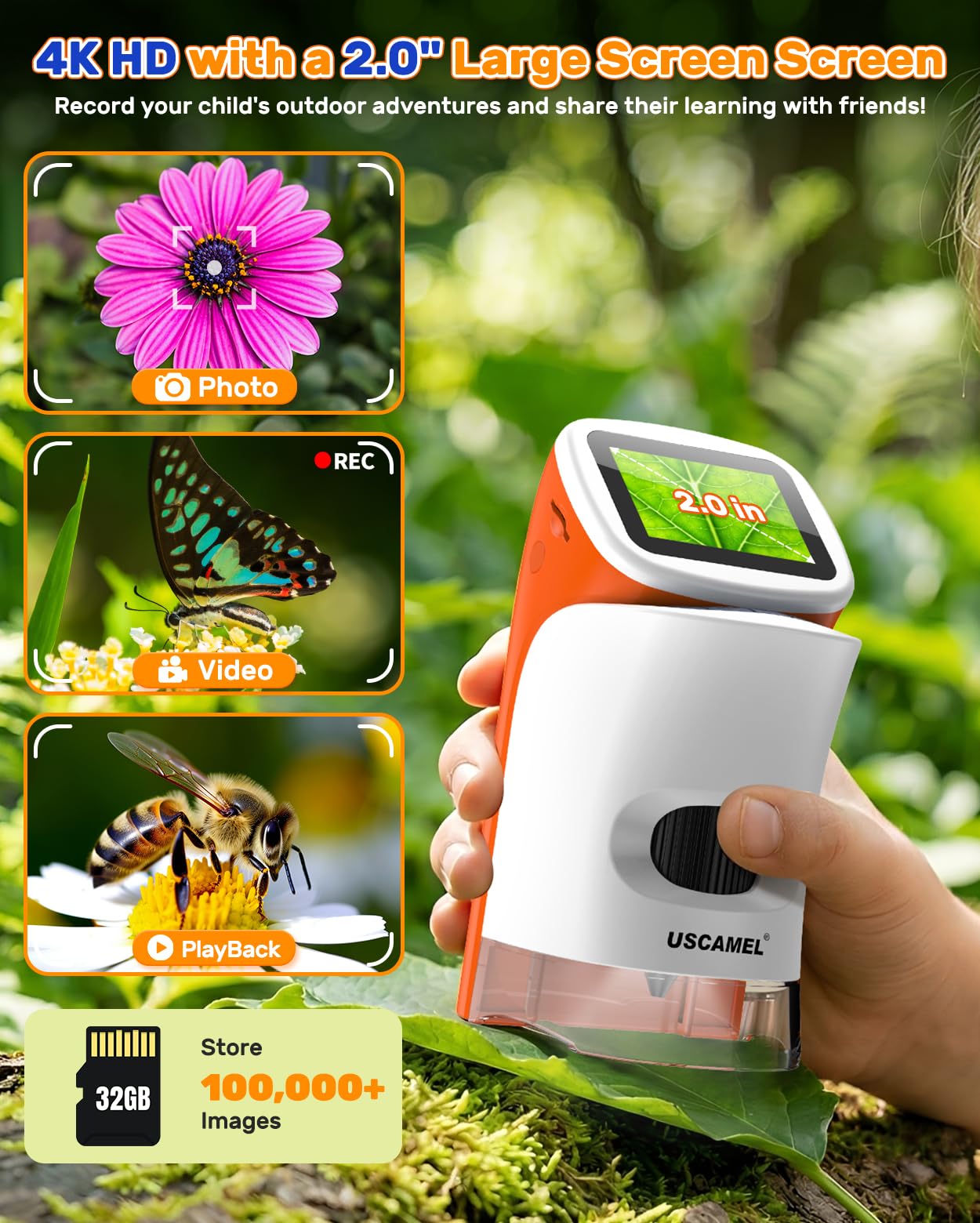 Microscopio para niños con pie: microscopios digitales de mano 100-1000x: Pantalla LCD 4K 2.0 Pulgadas USB portátil Microscopio de bolsillo, con kits científicos, 15 diapositivas, tarjeta de memoria