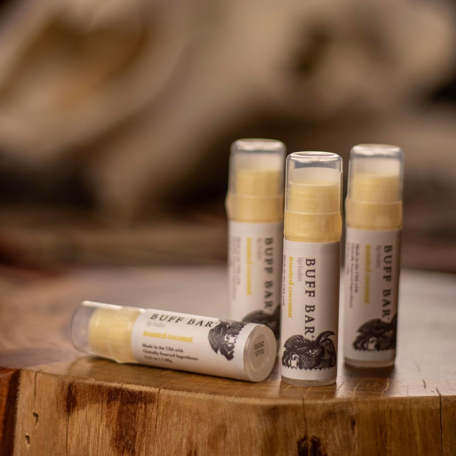 BUFF BAR Pure Bison Tallow Lip Balm, Toasted Coconut, (4 pack) - Sweet Coconut, Moisturizing, Non-Habit Forming