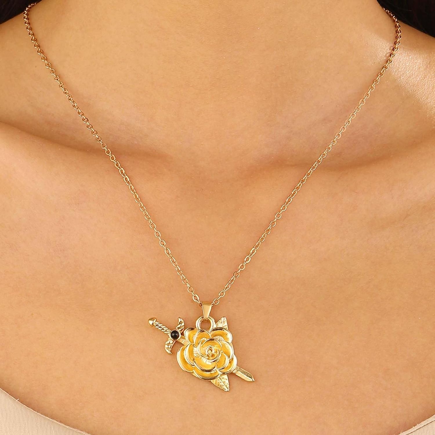 Boho Sword Necklace Choker Rose Flower Necklaces Vintage Gold Flower Pendant Necklaces Gothic Dagger Knife Necklace for Women - Image 2