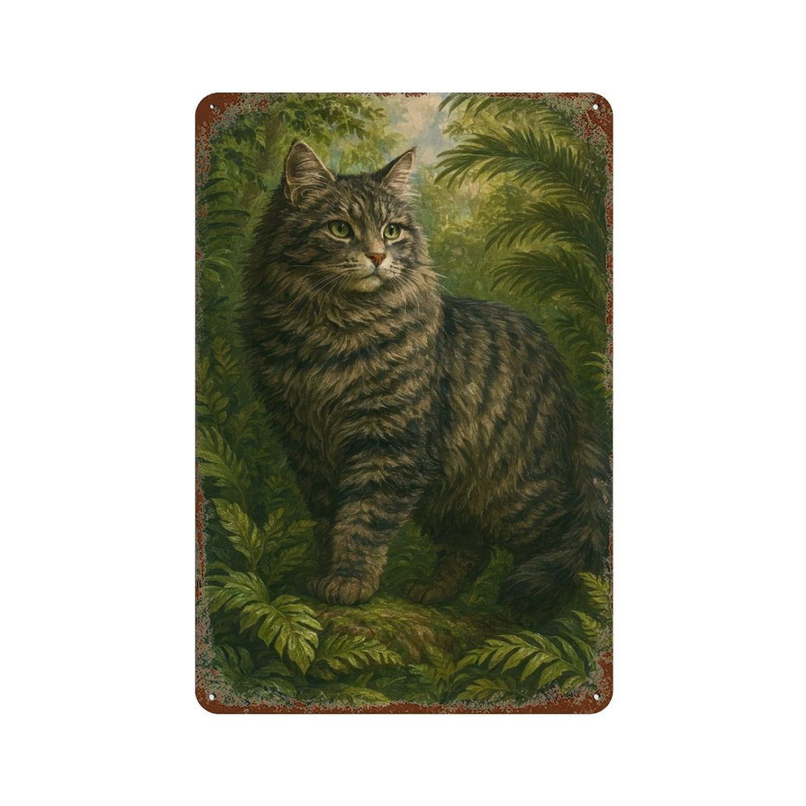 Majestic Cat in Lush Greenery Distressed Metal Wall Sign 11.8"x7.9", Rustic Home Decor for Living Room, Hallway And Home Decor