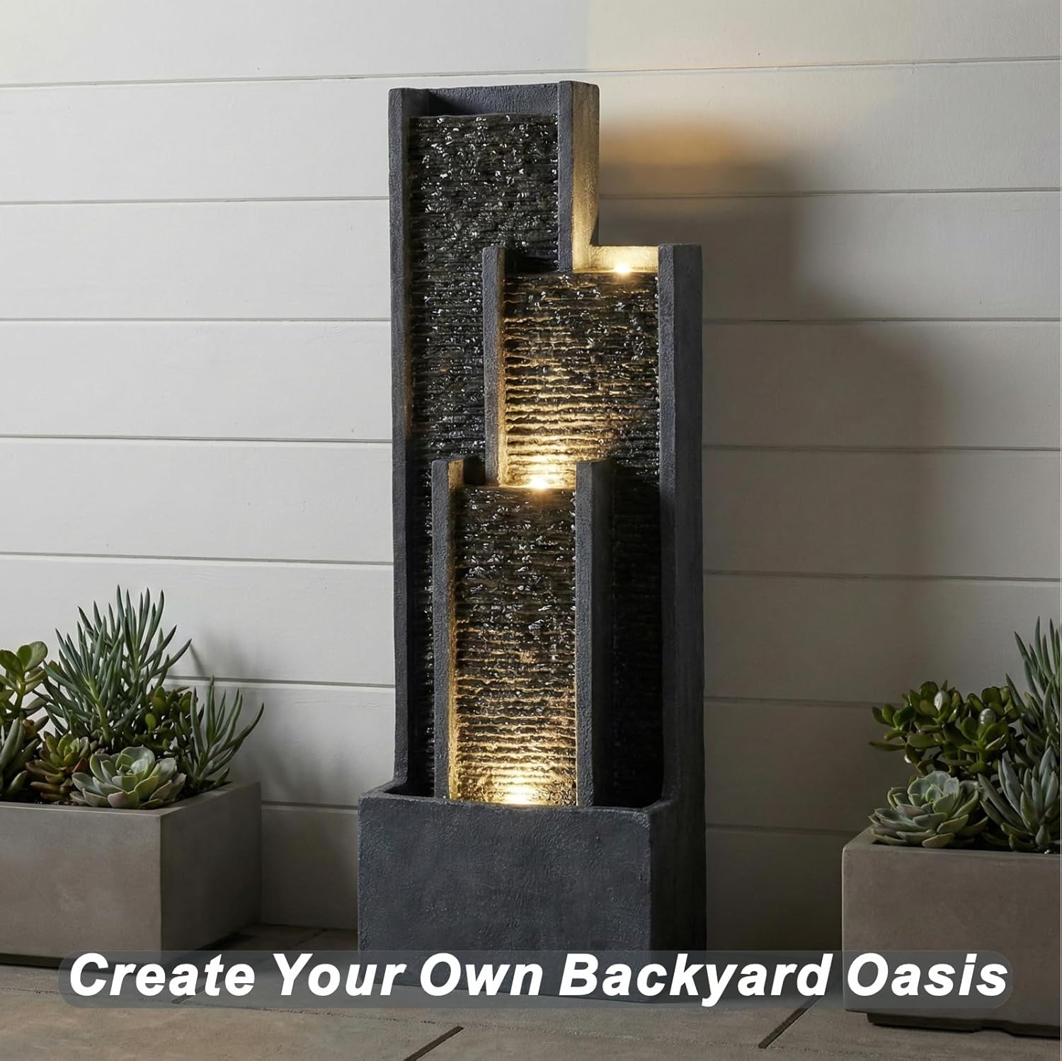 40" Modern Outdoor Water Fountain with LED Lights – Floor-Standing Curved Cascading Waterfall, Large Resin Bubbler Fountain for Patio, Garden, Porch & Office Décor.