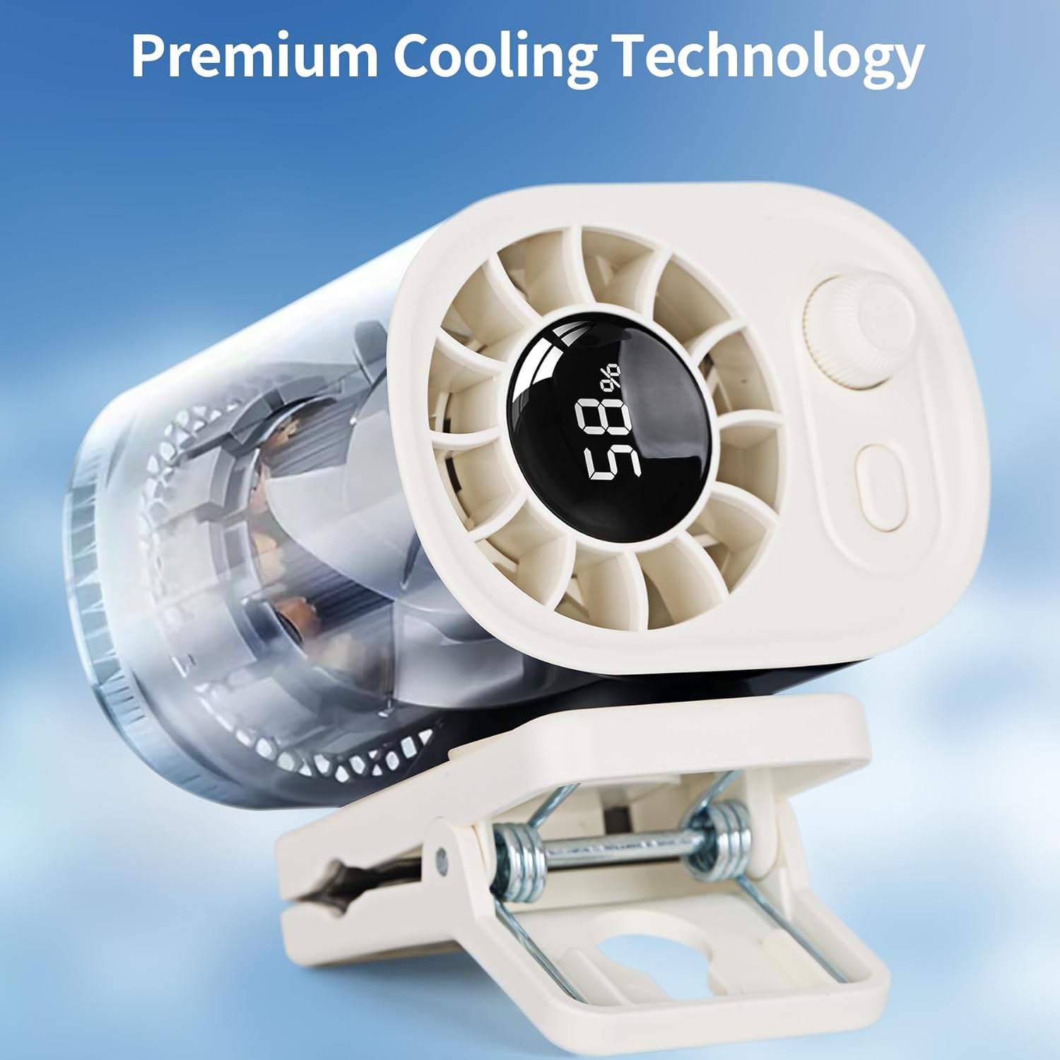 EVADA Car Clip on Fan with LED Display, 100 Speed Adjustable, Portable USB Rechargeable 1800mAh Battery Personal Cooling Mini Fans Handheld for Umbrella, Office, Camping, Gym, Beach, Homes, White