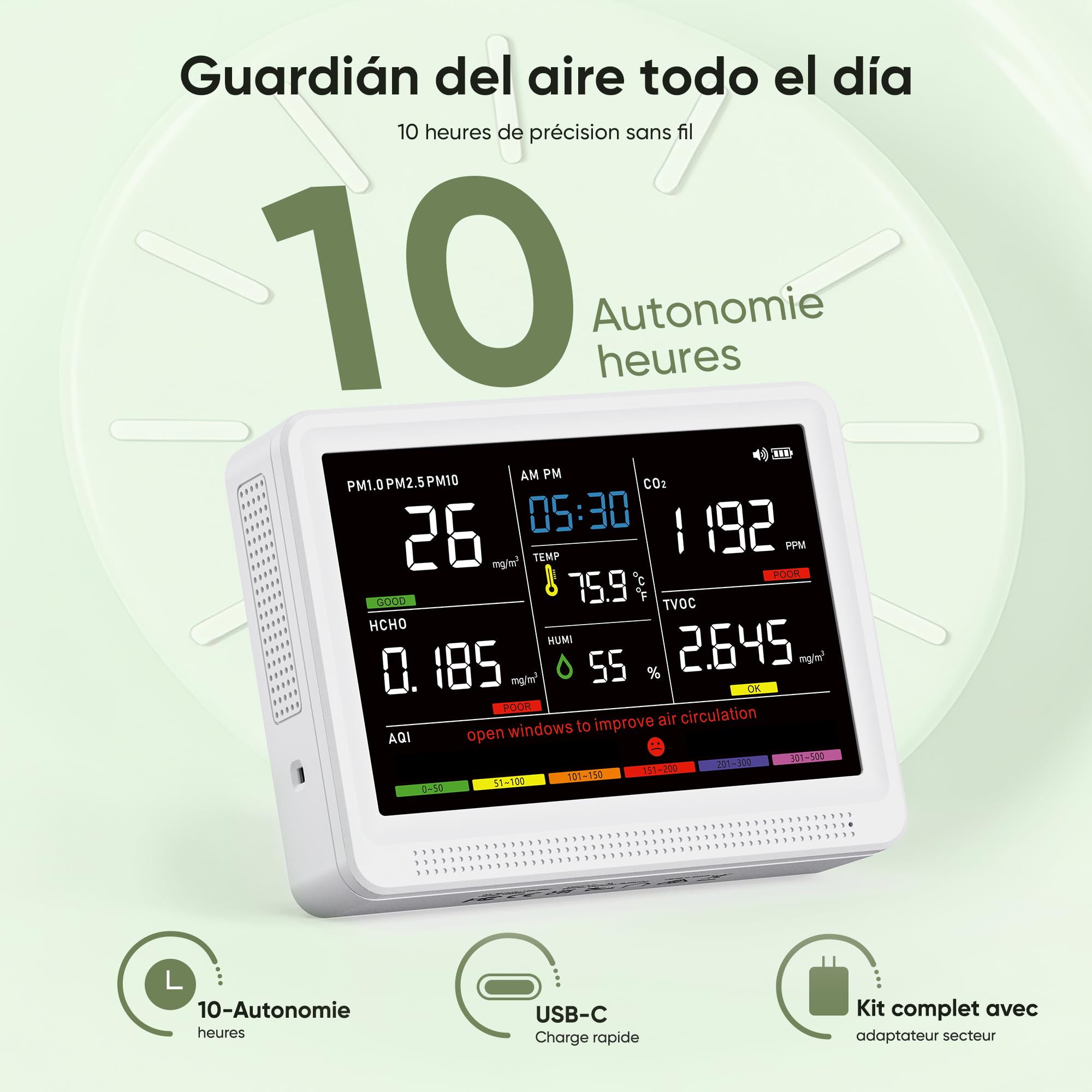 bonoch Medidor Calidad Aire Interior 16 en 1,5.5" Pantalla Medidor CO2 10h | Medidor Calidad Aire profesional 9 AQI + 7 alertas, CO2, TVOC, PM2.5, PM1.0, PM10, HCHO, Temp, Humedad, AQI, Hora