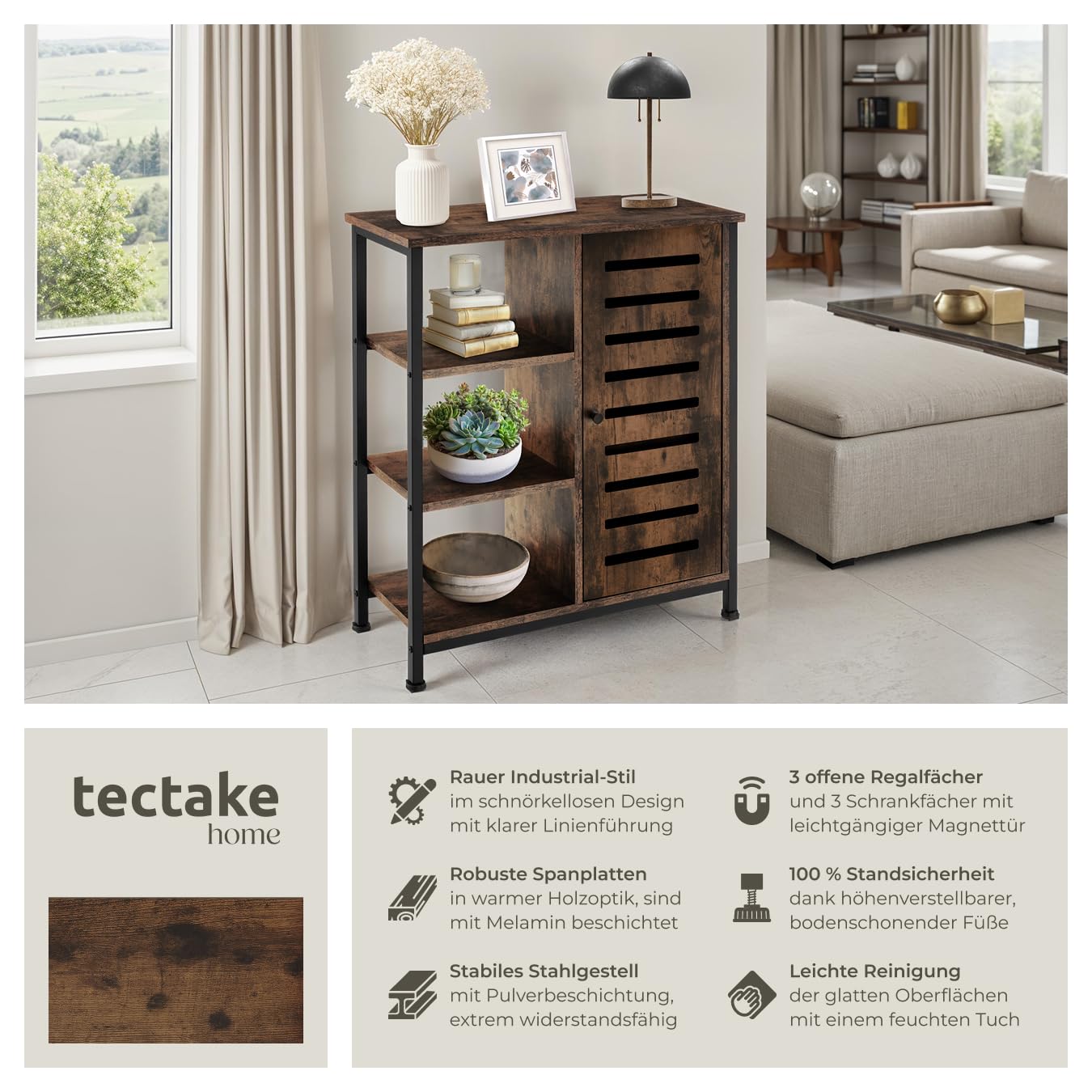 tectake® Industrial Sideboard, Kommode Schlafzimmer mit 3 Fächern und Schrankfach, TV Schrank 71 x 32 x 82 cm, Flur Möbel, Wohnzimmerschrank, Cabinet (Tür rechts, Industrial Dunkelbraun)