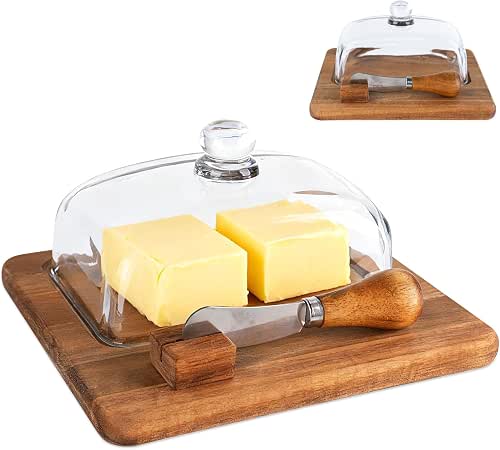 Acacia Wood Butter Dish with Lid and Knife for Countertop