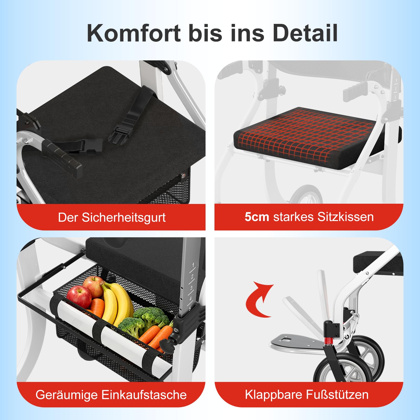 3-in-1 Aluminium Rollator Rollstuhl Faltbar und Leicht mit Sitz, Höhenverstellbar Gehhilfe, 9,3 kg Leichtgewicht Reiserollator Schmal für Wohnung, Rollatoren mit Aufbewahrungstasche (Weiß)