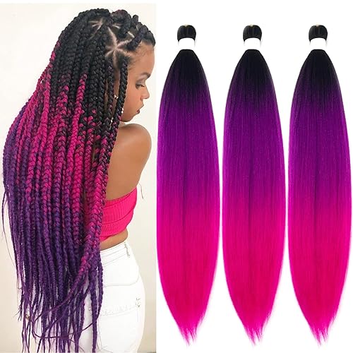 Miniatura 3 de Ai Yuchen Cabello para Trenzar Pre-Estirado Negro Púrpura Rosa Ombré Cabello para Trenzar Pre-Estirado Preestirado 24 pulgadas paquete de 3 Niños