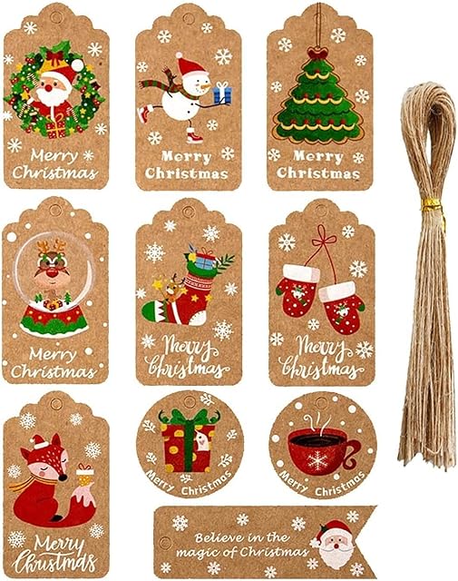 Christmas Gift Tags, 50Pcs 10 Styles Brown Kraft Paper Gift Tags Small Xmas Present Labels Hanging Tags for DIY Christmas Wrapping Paper and Present Craft Decoration