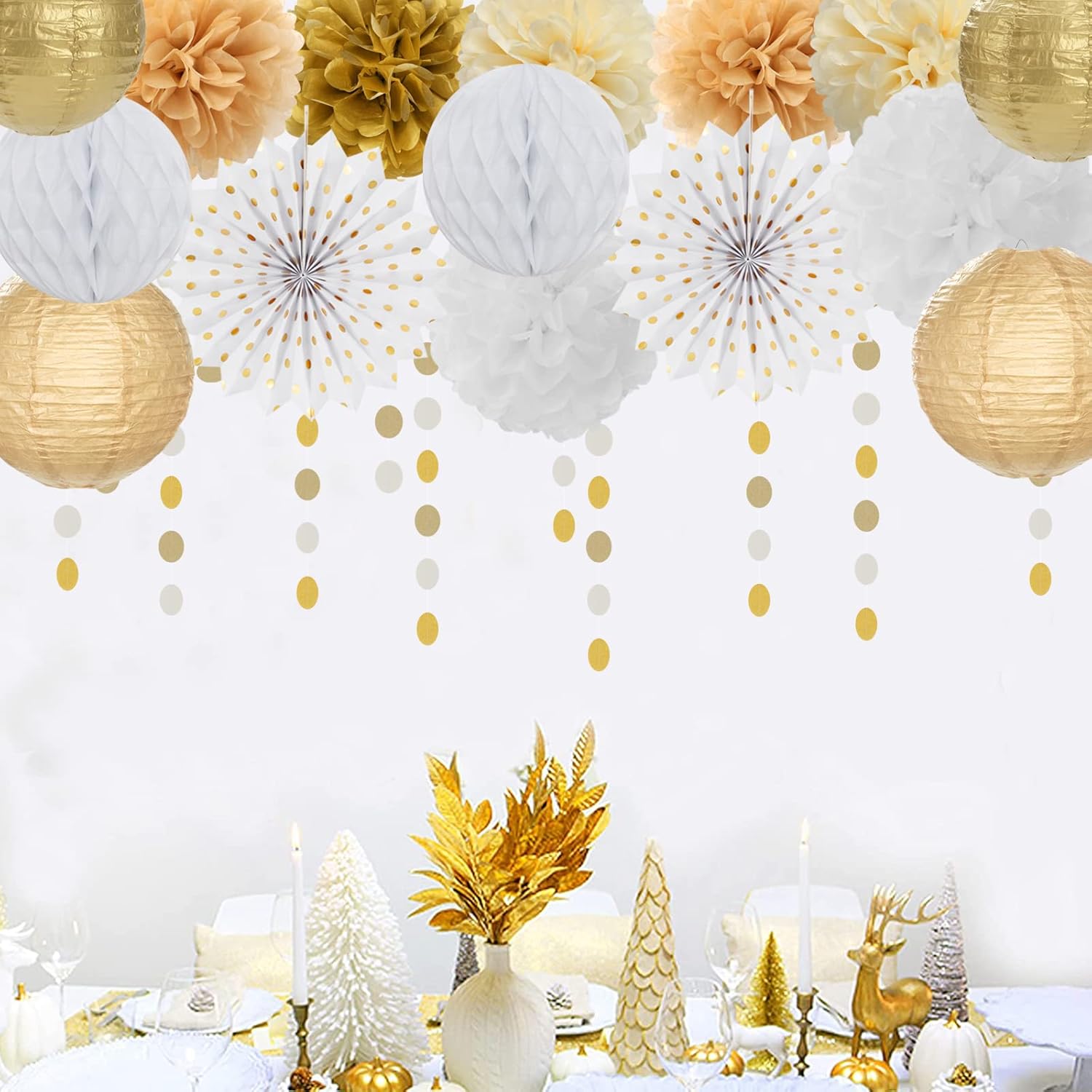 52Ft White-Gold Champagne Party-Decorations Heart Streamers Garland with 14pcs Christmas Wedding Engagement Paper Lanterns Fan,Tissue Pom Poms,Honeycomb Balls