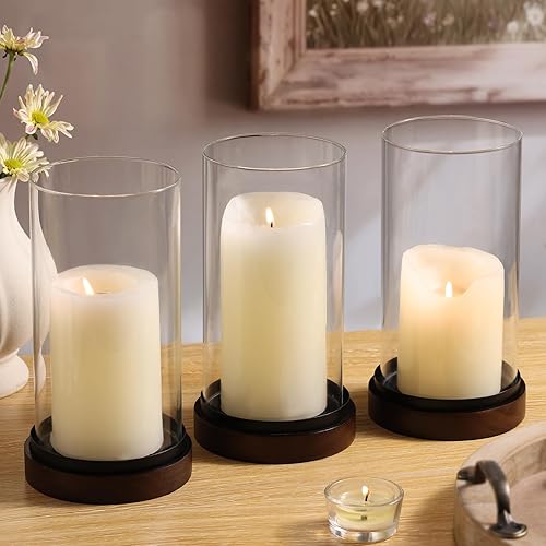 Volens Portavelas de cristal con base de madera, juego de 3 portavelas altos para velas de pilar con cilindros transparentes resistentes al viento,