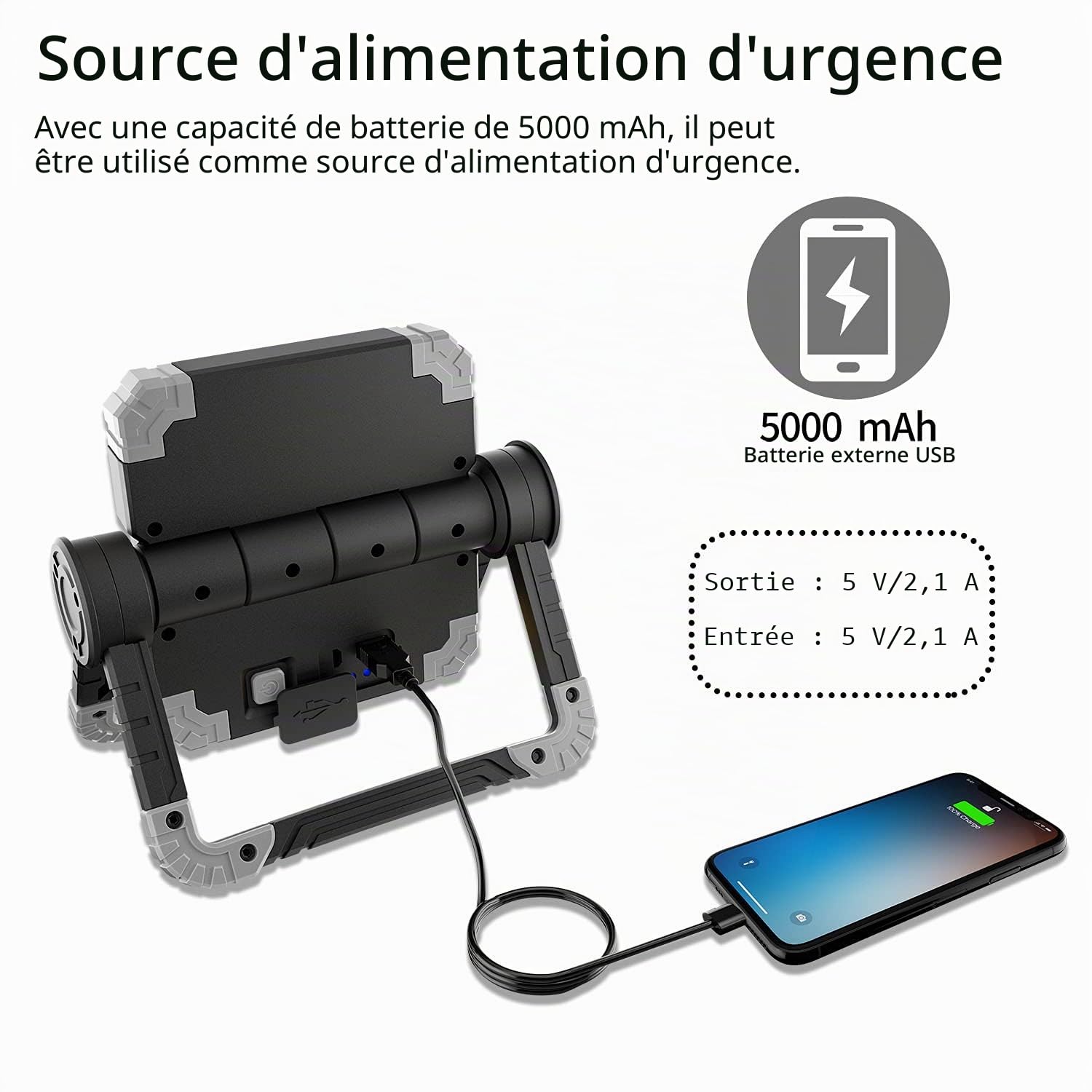Lampe de travail LED rechargeable 20 W - Lampe de travail très lumineuse avec rotation à 360 ° - Lampe de travail pliable et étanche pour réparation de voiture, camping, randonnée