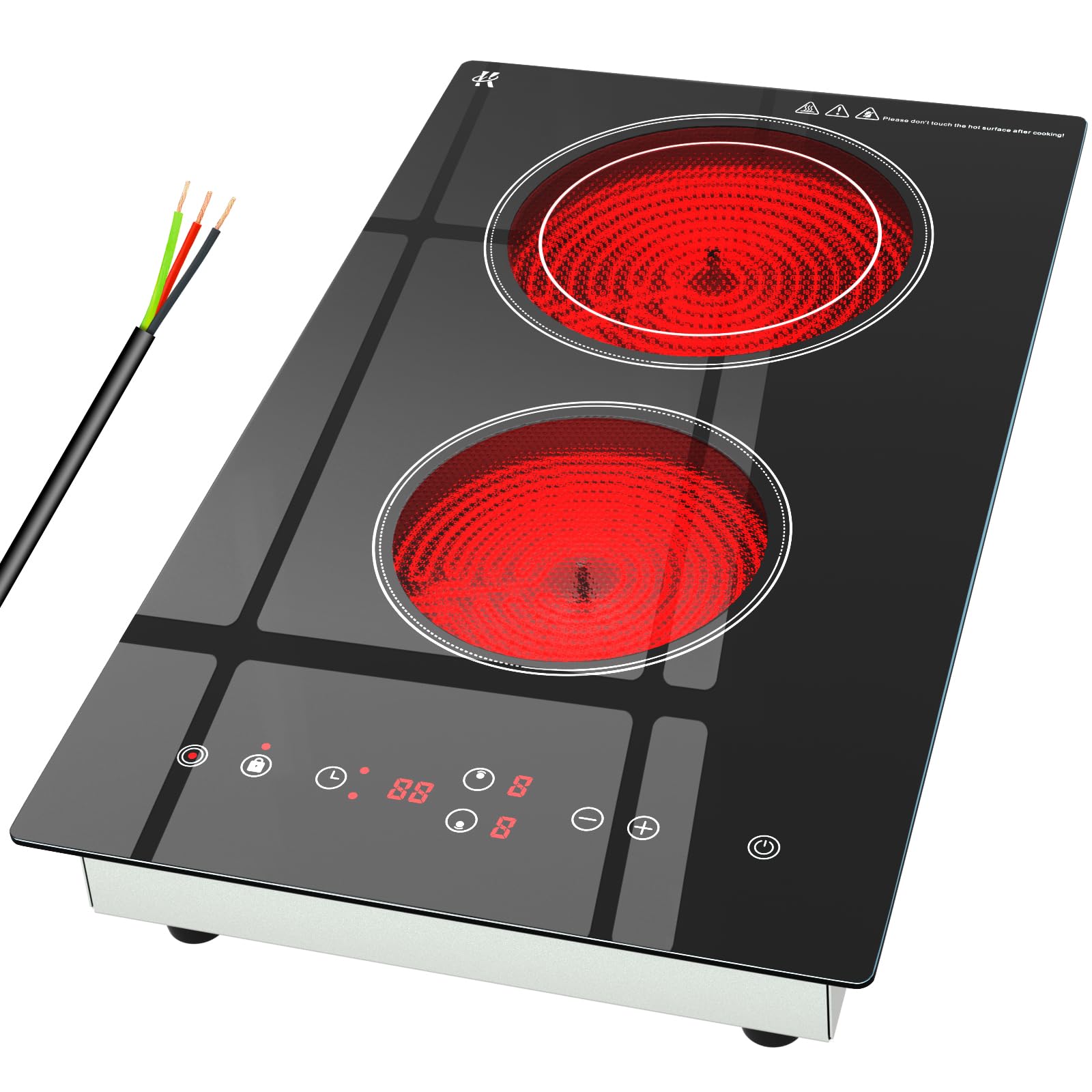 Electric Cooktop 2 Burner, 3200W Radiant Electric Stove Top 240V with Built-in Design, 12 inch Touch Control Ceramic Cooktop with Safety Lock, 9 Level Power, Timer - Hard Wire