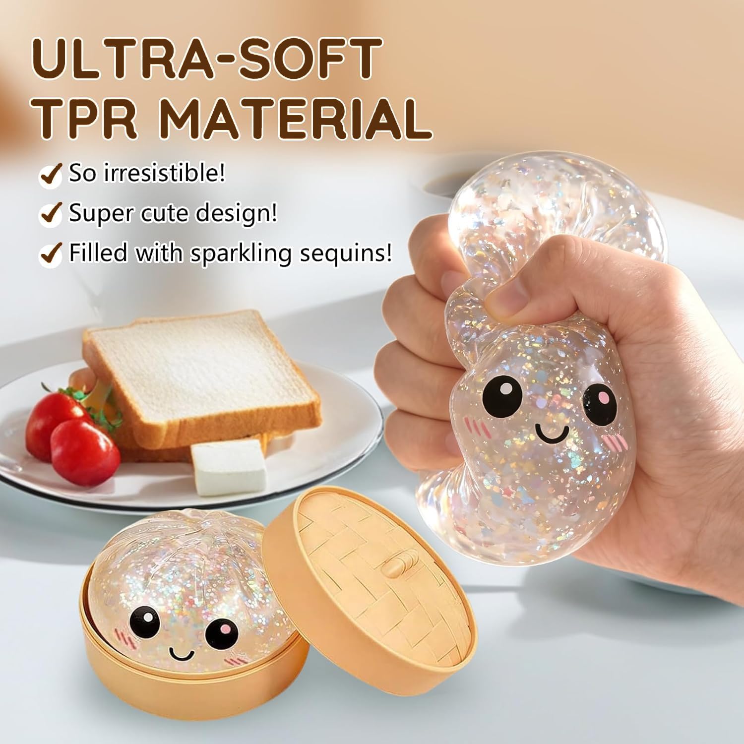 2026 New Glitter Dumpling Squishy, Slow Rising Stress Relief Fidget for Adults, Soft Sensory Squeeze for Anxiety Relief, Office Desk Decor and Stress Buster, Party Favor Gift — view 4
