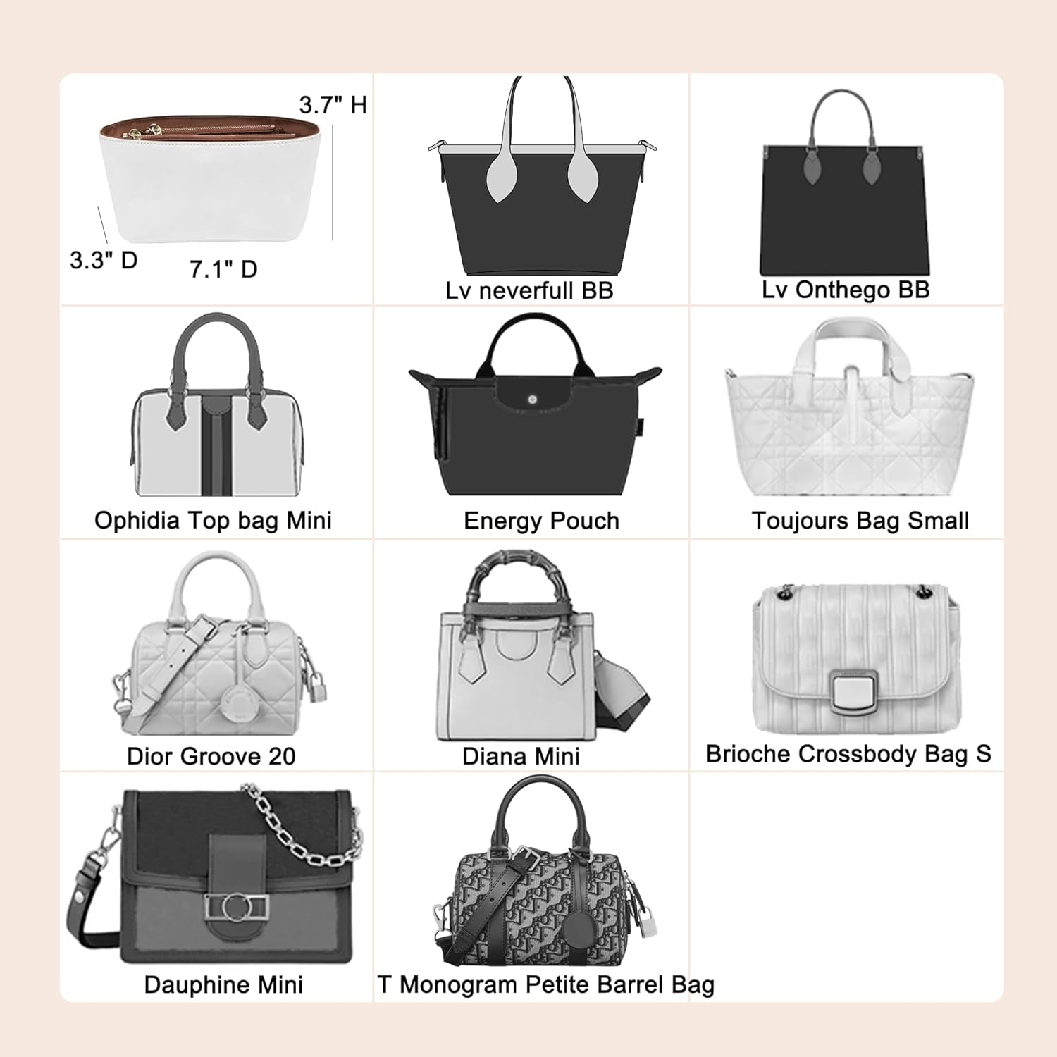 Doxo Premium Waterproof DupontPaper Purse Organizer Insert for LV Neverfull BB/Mini - Lightweight Handbag Insert with Zippered Compartments to Shape & Organize Your Tote (White-Brown, BB)