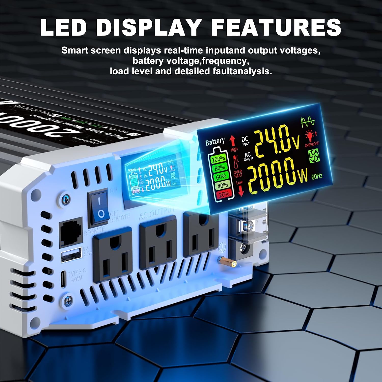 24V Inverter 2000 Watt Inverter, Pure Sine Wave Inverter, Power Inverter with Remote Control, 24V DC to 110V AC, 3 AC Outlets, USB & Type-C Ports, LCD Display for RV, Solar, Home Backup Power