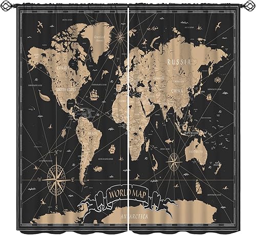 Cortinas de mapa del mundo, mapa del mundo negro y dorado, adornos de ventana de mapa vintage, bolsillo para barra, cortinas con aislamiento