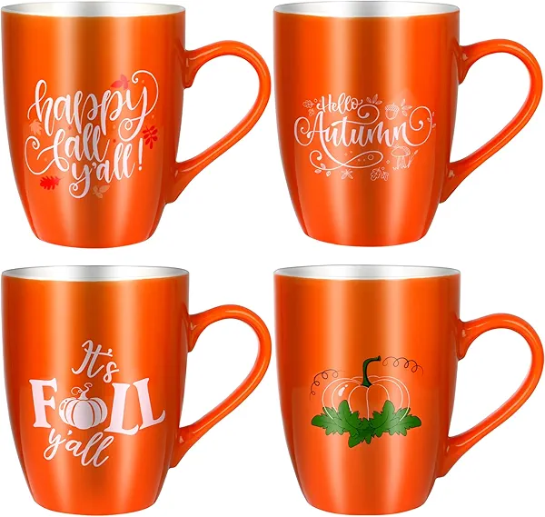 4 Pcs Fall Coffee Mugs 11 oz Thanksgiving Ceramic Mugs With Pumpkin/Happy Fall Y'all /Hello Autumn/It's Fall Y'all Word Pattern for Autumn Harvest Home Decor Kitchen Accessories Camp Campfire Tea Cup