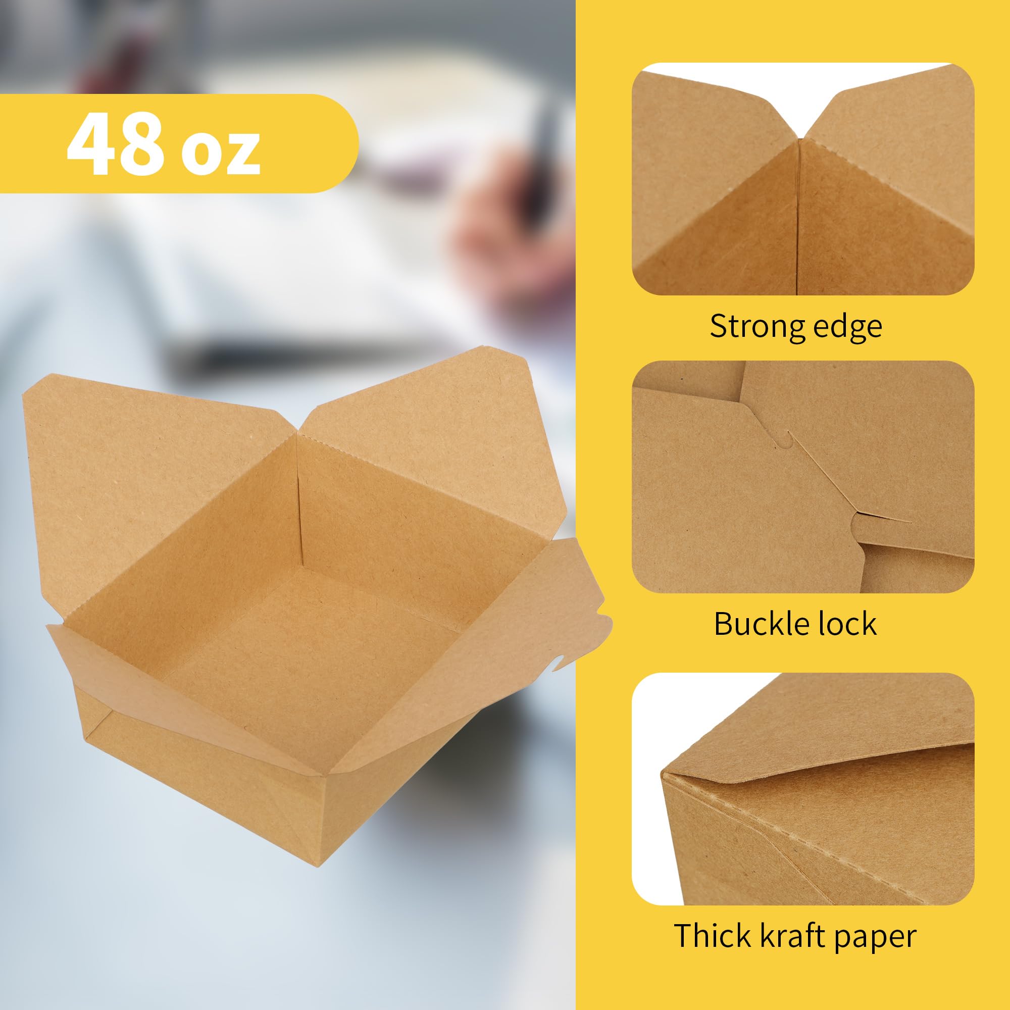 Recipientes de comida para llevar de 48 onzas, paquete de 100 unidades, cajas desechables de papel kraft para llevar, cajas para microondas, a prueba de fugas y grasa, para restaurante, catering