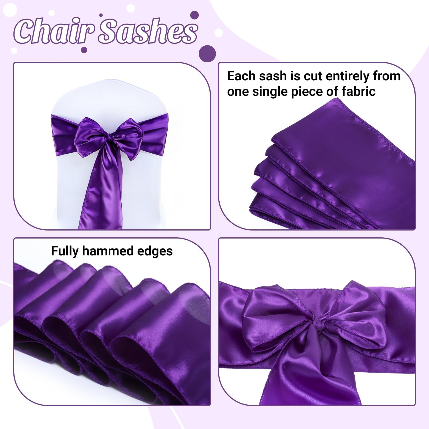 VDS Satin Chair Sashes Chair Cover Back Tie Sateen Bows Ribbon for Wedding Birthday Graduation Engagement Ceremony Event Party Banquet Venue Hotel All Dining Chair Decoration (50PC) (Purple)