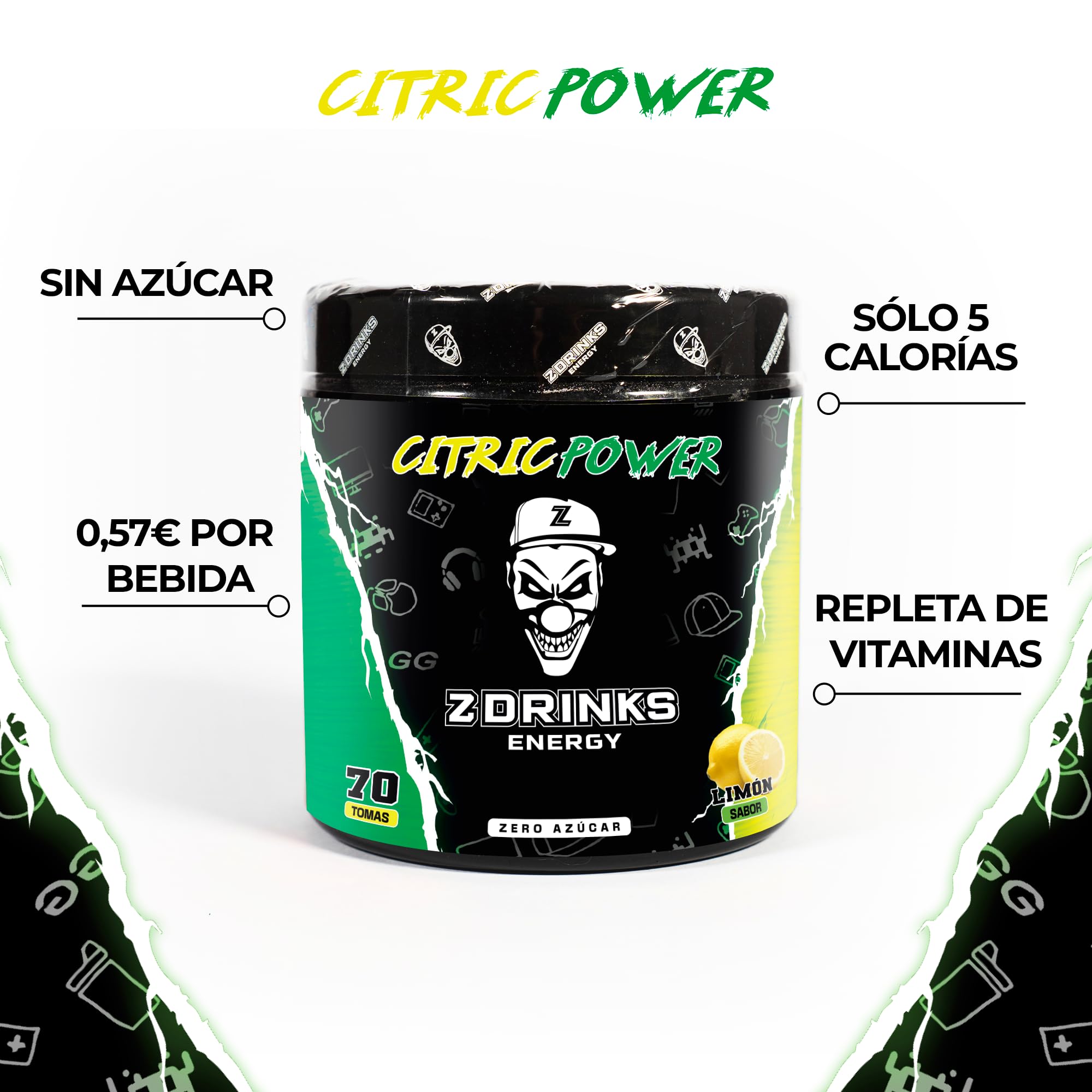 Z Drinks Energy Bebida Energética en Polvo 70 Servicios Sin Azúcar con Cafeína Minerales y Vitaminas Sabor Limón