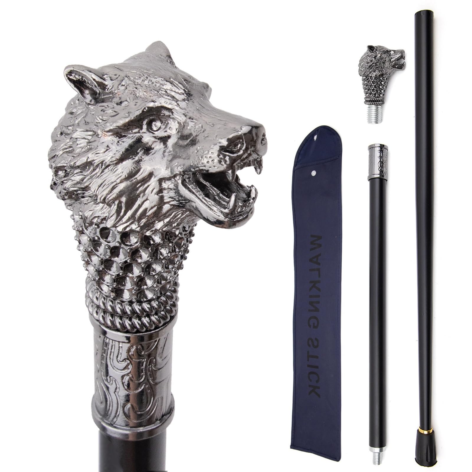 Bastón con Cabeza de Lobo Plateada, Estilo Británico, Metal Lujo, Elegante y Original para Hombres Mujeres, Ideal Fiestas Uso Diario