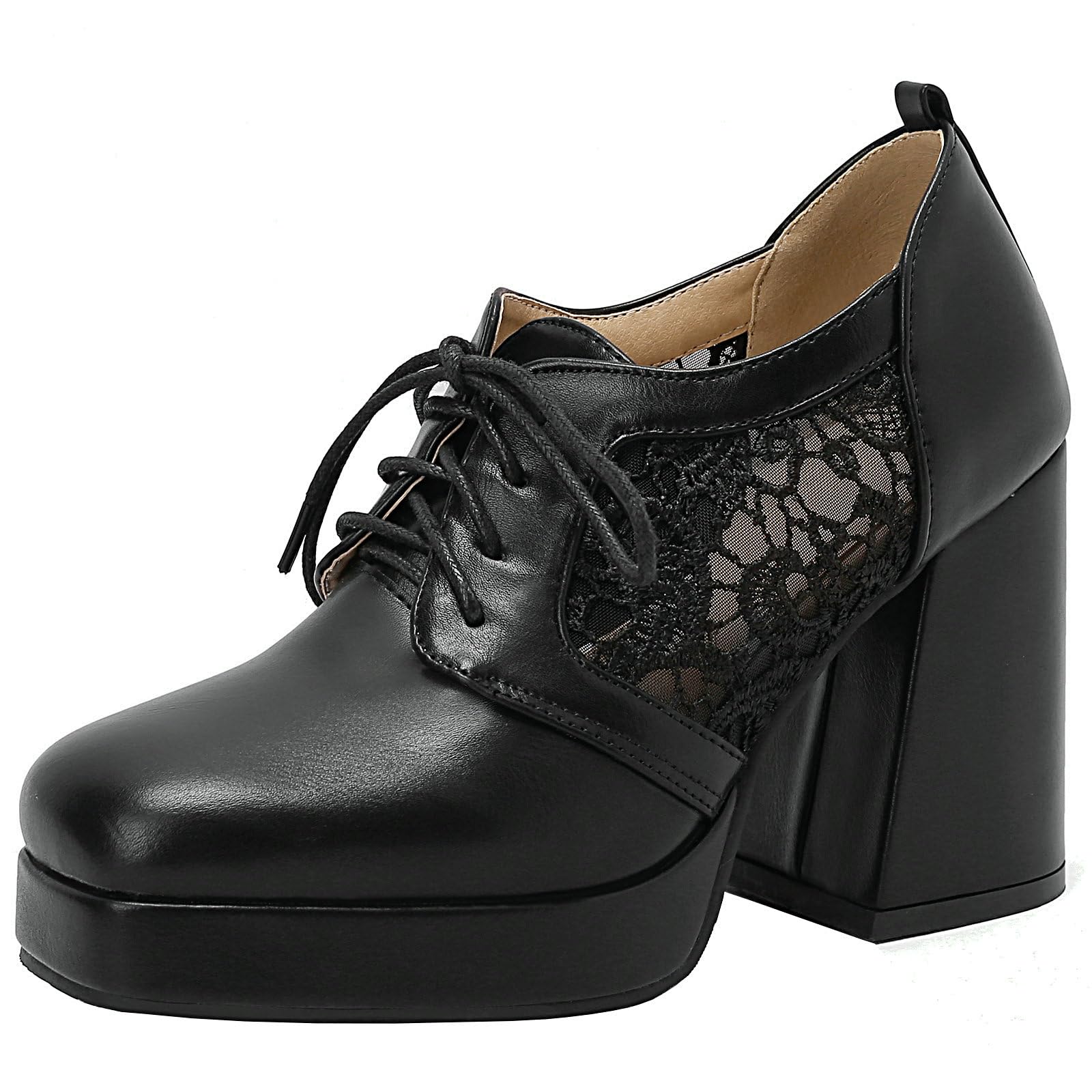 Women Square Toe Oxford Shoes Patent Leather Lace up Chunky Heel Brogue Booties Platform High Heel Pumps