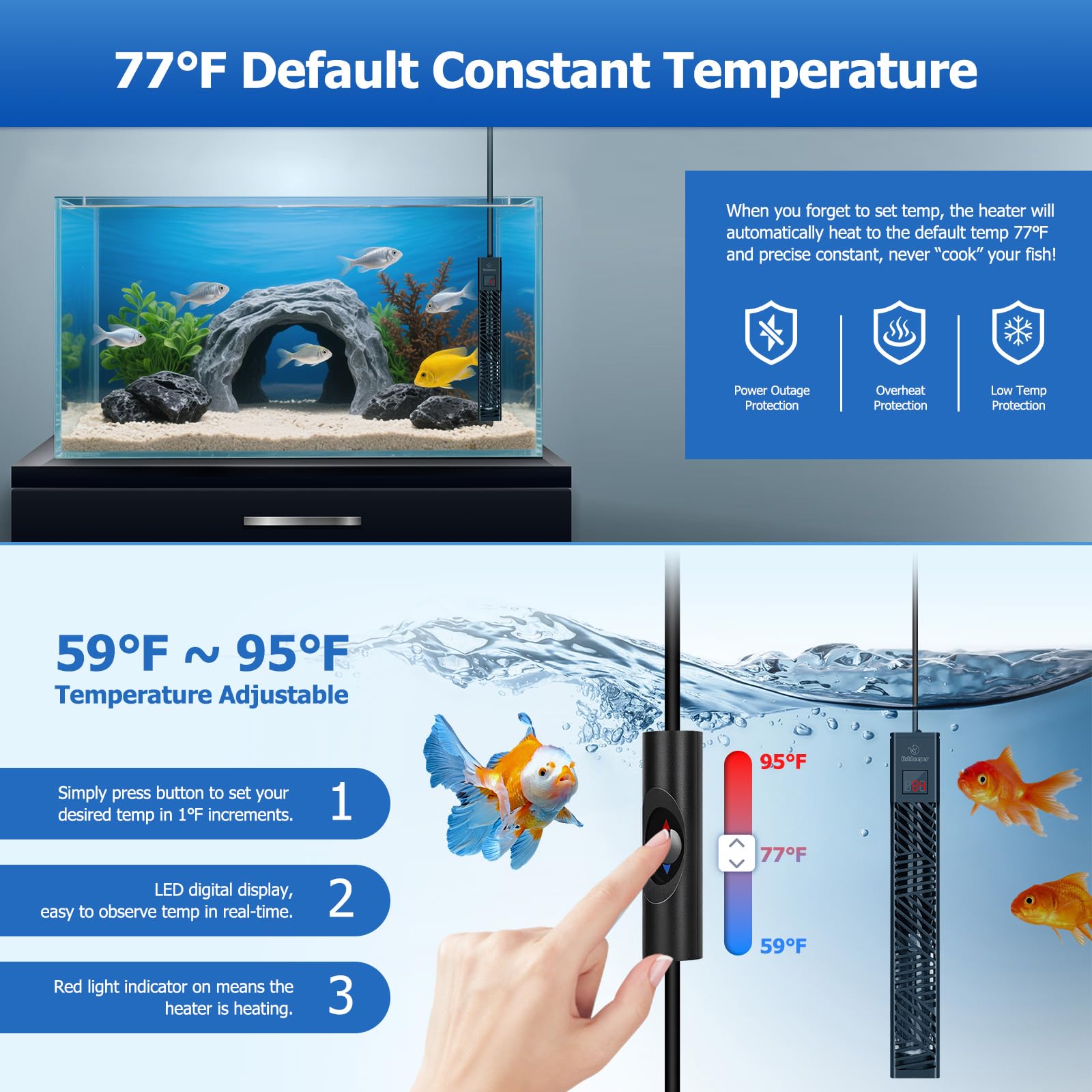fishkeeper Chauffage d'aquarium submersible réglable de 25 W/50 W/100 W/200 W/300 W pour aquarium d'eau salée et d'eau douce avec affichage numérique LED et protection contre la surchauffe