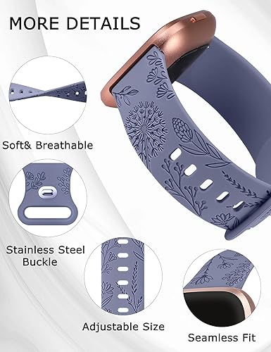 Miniatura 4 de Minyee Paquete de 3 correas grabadas florales compatibles con Fitbit Versa 2 BandVersa LiteVersa Band para mujer, lindo diseño de flores de diente