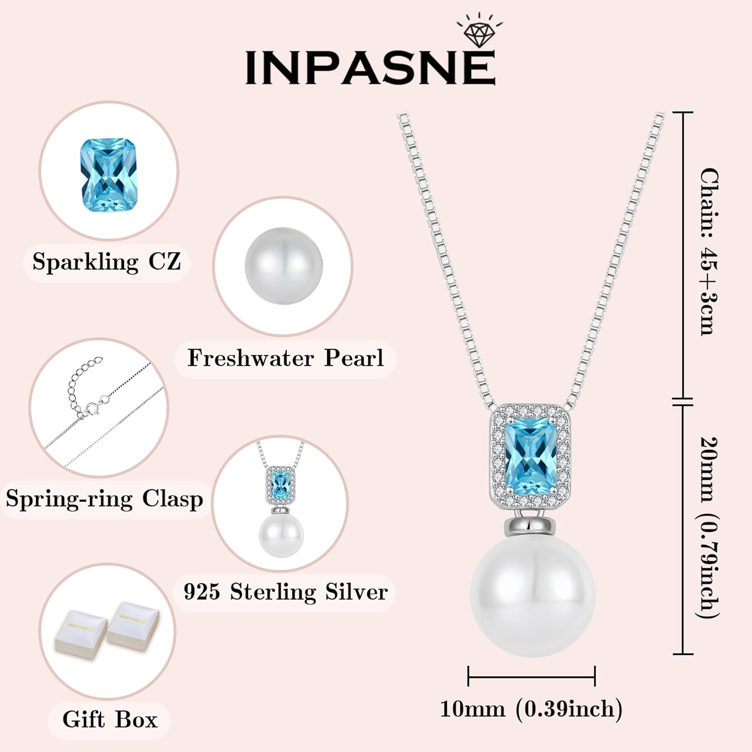 Pearl Necklace for Women 925 Sterling Silver Birthstone Pendant Necklace Emerald Cut Jewelry Gifts for Her - Image 6