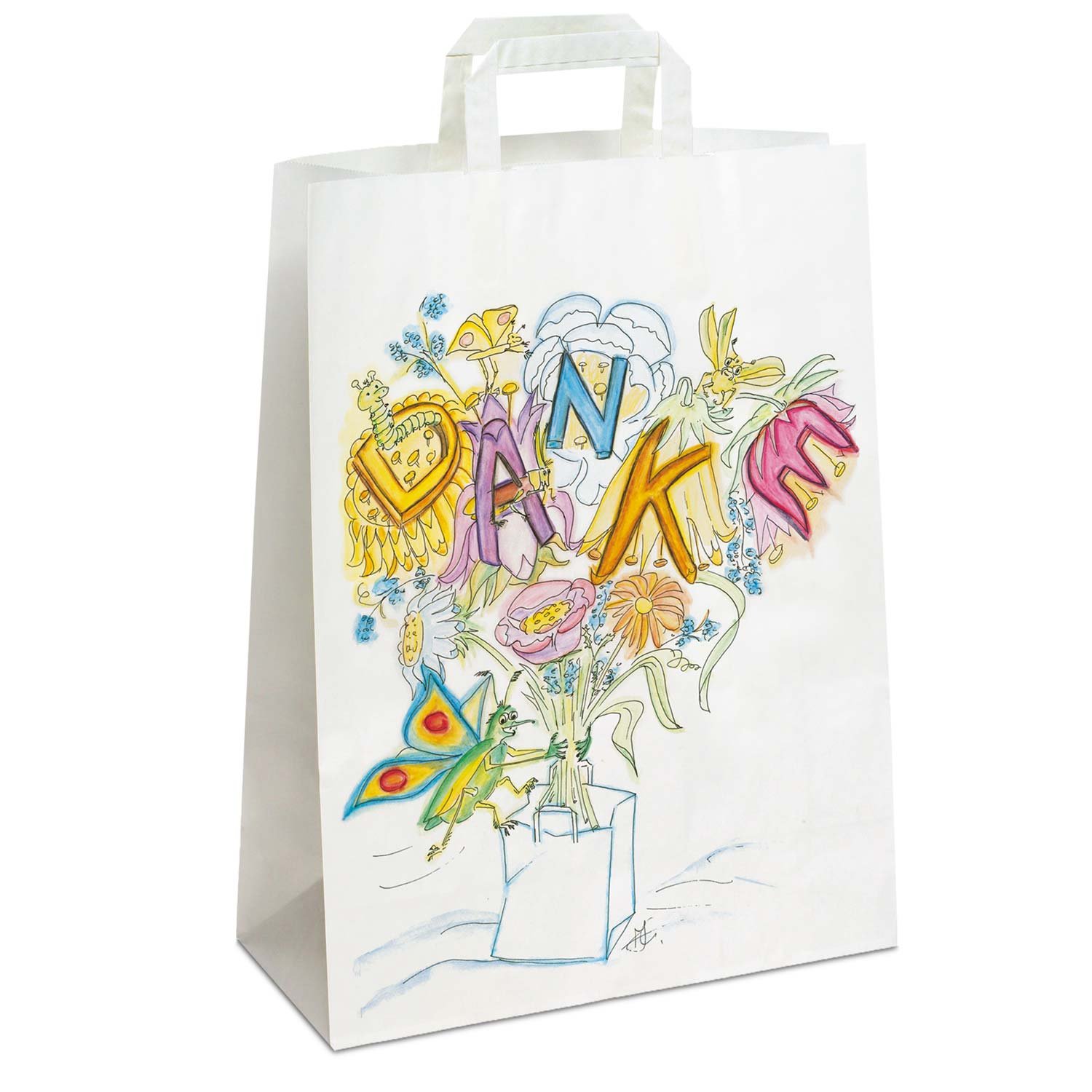 250 x Papiertüten 26+10x33 cm mit Motiv: Danke | stabile Geschenktaschen für Handel, Mitbringsel, Geburtstag | Papiertaschen aus Kraftpapier| HUTNER