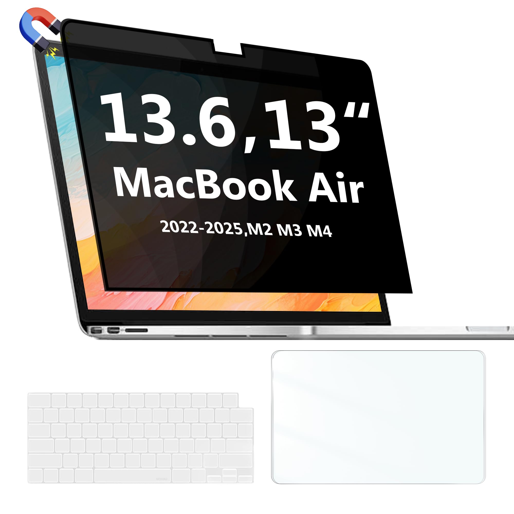 Magnetic Privacy Screen Protector Compatible with MacBook Air 13.6/13 Inch (2022-2025, M2, M3，M4), Hard Shell Case + Keyboard Cover + Screen Protector Crystal Clear Anti-Spy Anti Fingerprint