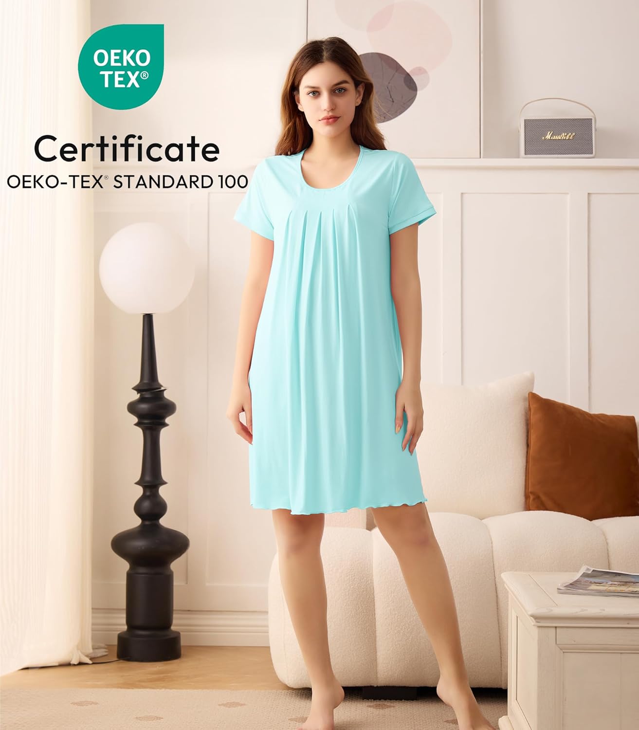 NACHILA Nightgowns for Women-Viscose Made from Bamboo, Short Sleeve Nightshirt Pleated Sleepshirts Soft Sleepwear - Image 2